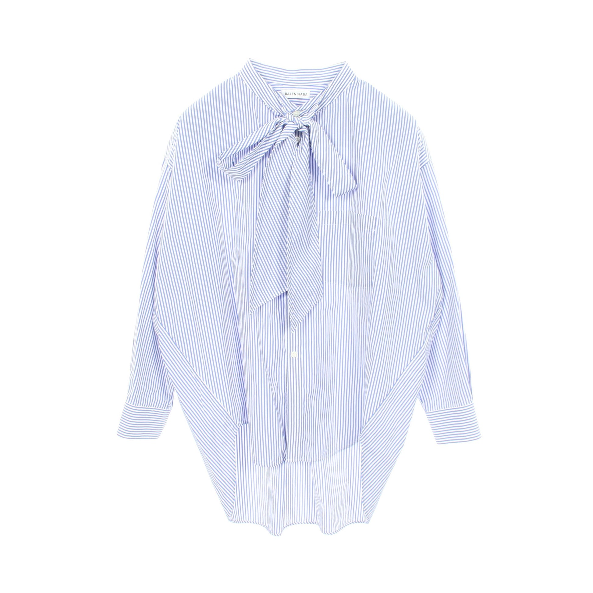 ストライプ ニュースウィング バックロゴ ボウタイ シャツ コットン ブルー ホワイト レッド バレンシアガ トップス BALENCIAGA