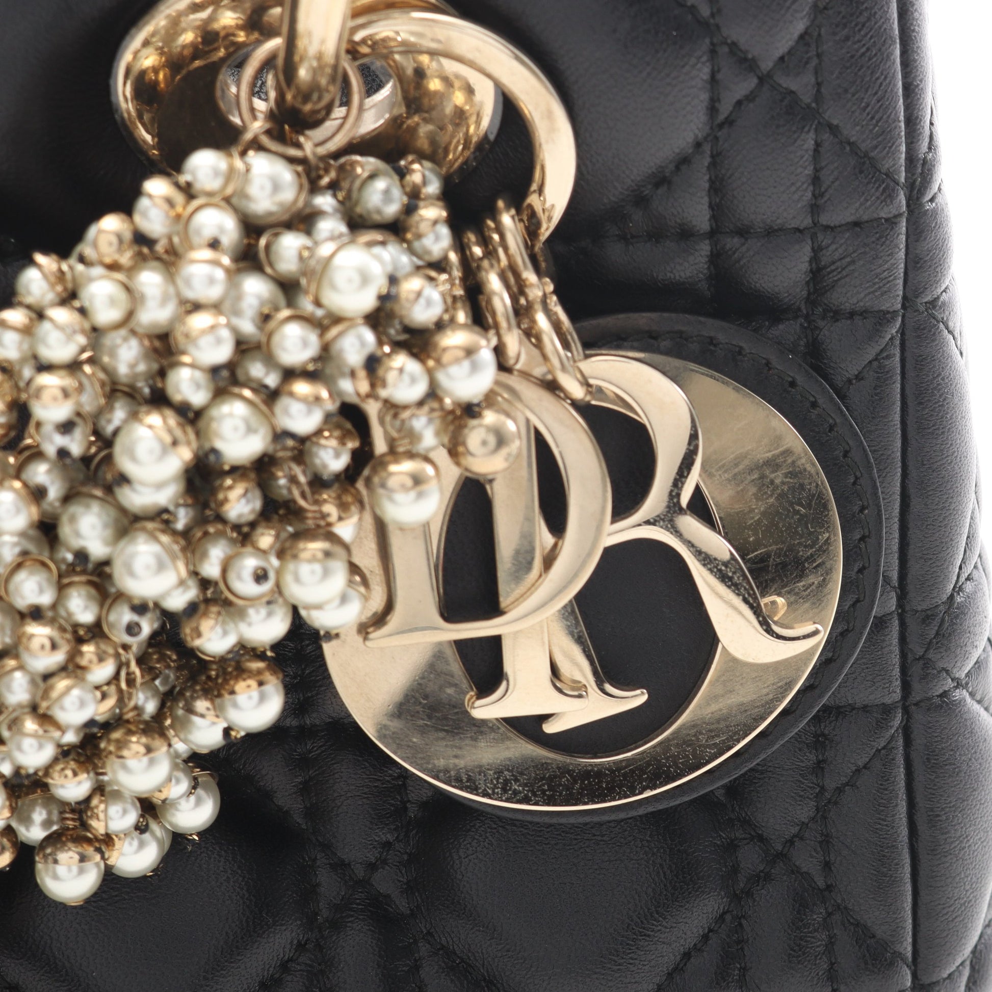 LADY DIOR レディディオール ミディアム カナージュ フェイクパール 2WAY ハンドバッグ レザー ブラック クリスチャンディオール バッグ Christian Dior