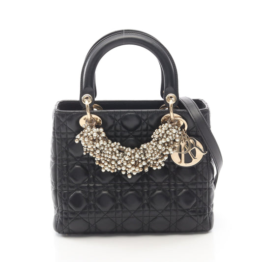 LADY DIOR レディディオール ミディアム カナージュ フェイクパール 2WAY ハンドバッグ レザー ブラック クリスチャンディオール バッグ Christian Dior