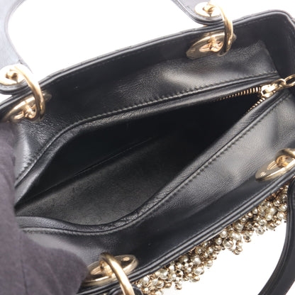 LADY DIOR レディディオール ミディアム カナージュ フェイクパール 2WAY ハンドバッグ レザー ブラック クリスチャンディオール バッグ Christian Dior
