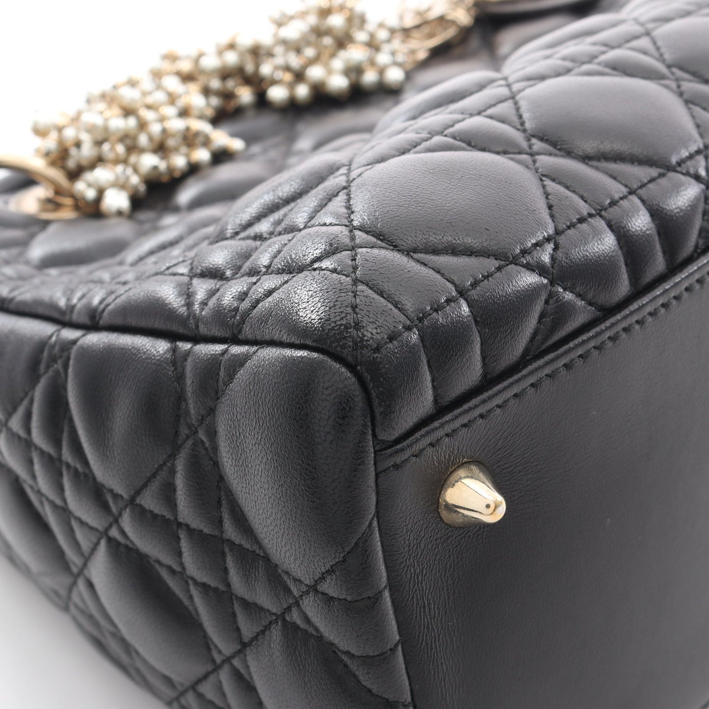 LADY DIOR レディディオール ミディアム カナージュ フェイクパール 2WAY ハンドバッグ レザー ブラック クリスチャンディオール バッグ Christian Dior