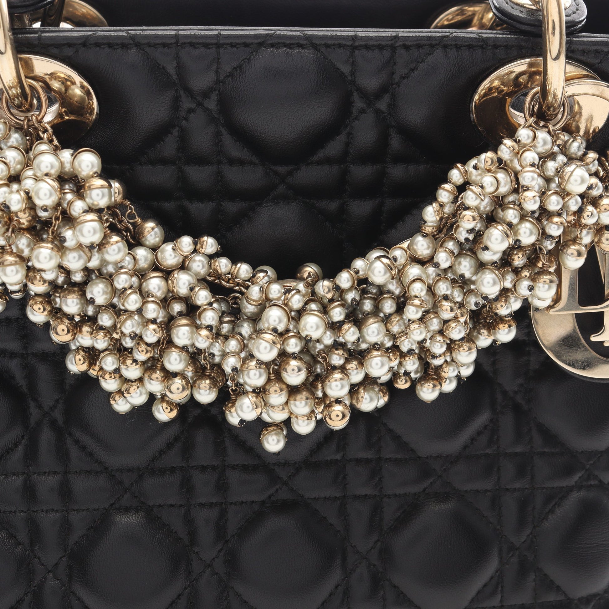 LADY DIOR レディディオール ミディアム カナージュ フェイクパール 2WAY ハンドバッグ レザー ブラック クリスチャンディオール バッグ Christian Dior