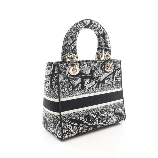 LADY D-LITE ミディアム Plan de Paris 2WAY ハンドバッグ キャンバス ブラック ホワイト クリスチャンディオール バッグ Christian Dior