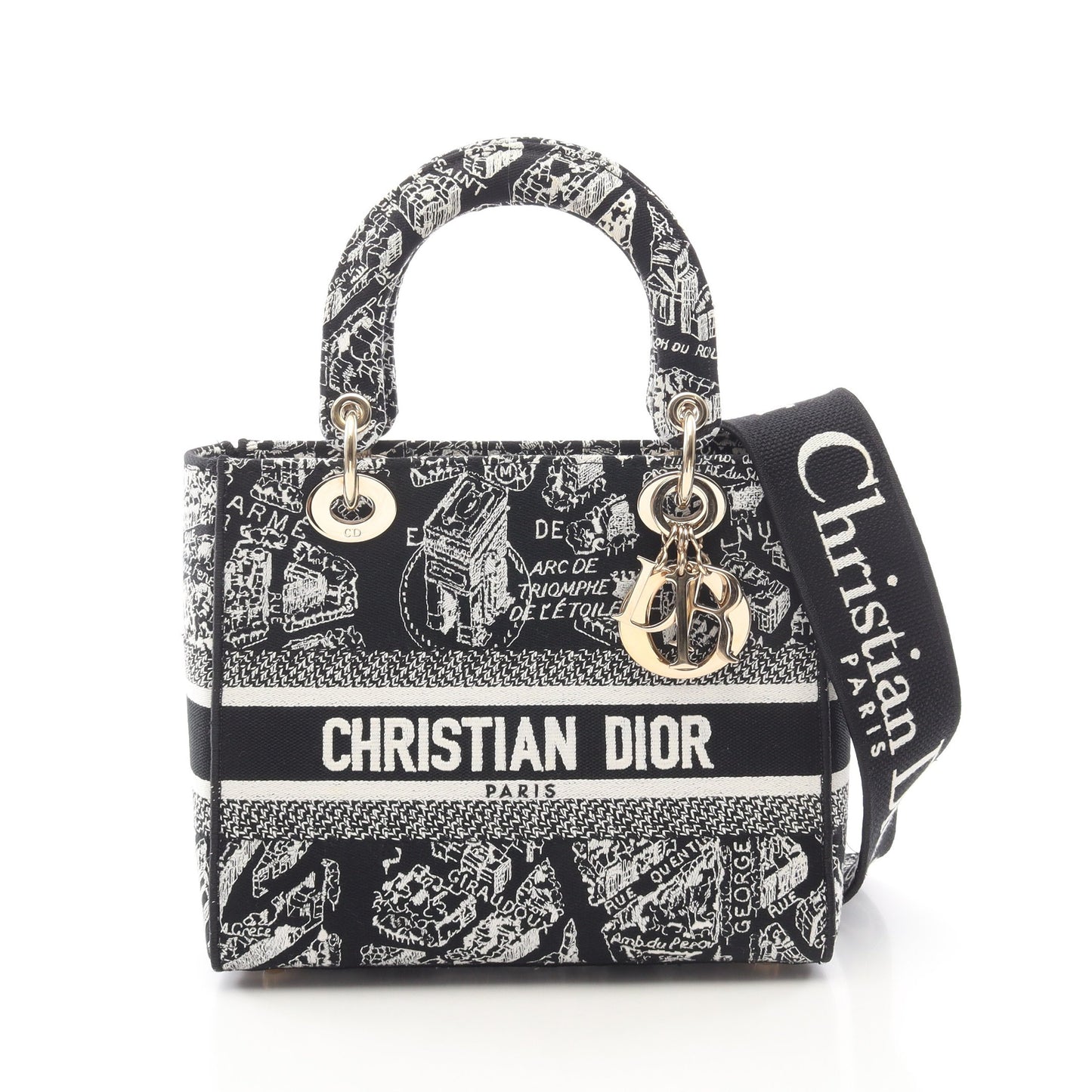 LADY D-LITE ミディアム Plan de Paris 2WAY ハンドバッグ キャンバス ブラック ホワイト クリスチャンディオール バッグ Christian Dior