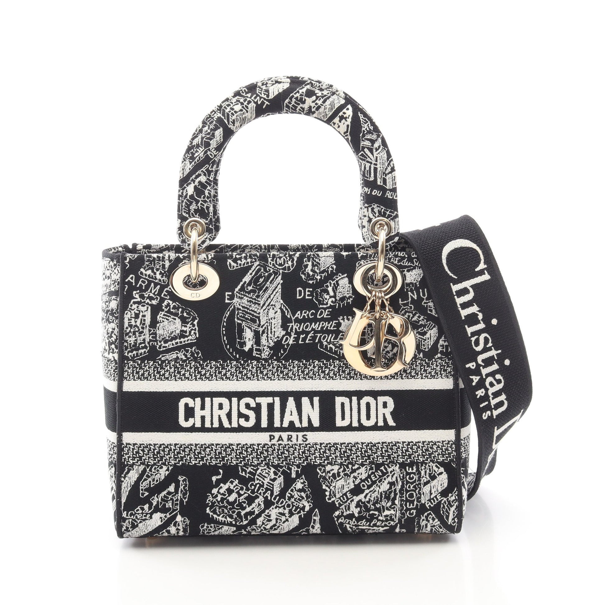 LADY D-LITE ミディアム Plan de Paris 2WAY ハンドバッグ キャンバス ブラック ホワイト クリスチャンディオール バッグ Christian Dior