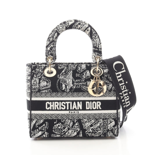 LADY D-LITE ミディアム Plan de Paris 2WAY ハンドバッグ キャンバス ブラック ホワイト クリスチャンディオール バッグ Christian Dior