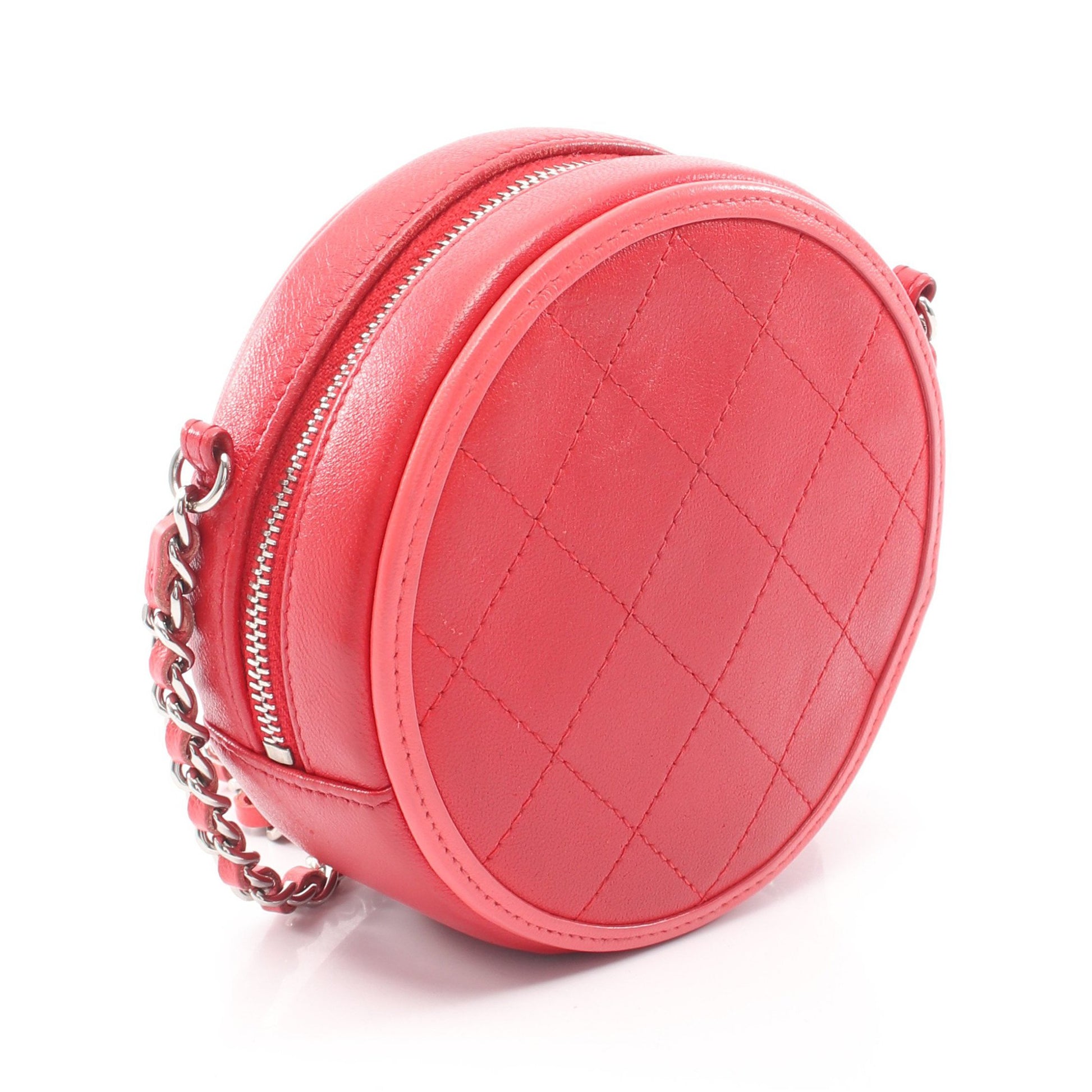 マトラッセ ラウンド チェーンショルダーバッグ ラムスキン レッド ピンク シルバー金具 シャネル バッグ CHANEL