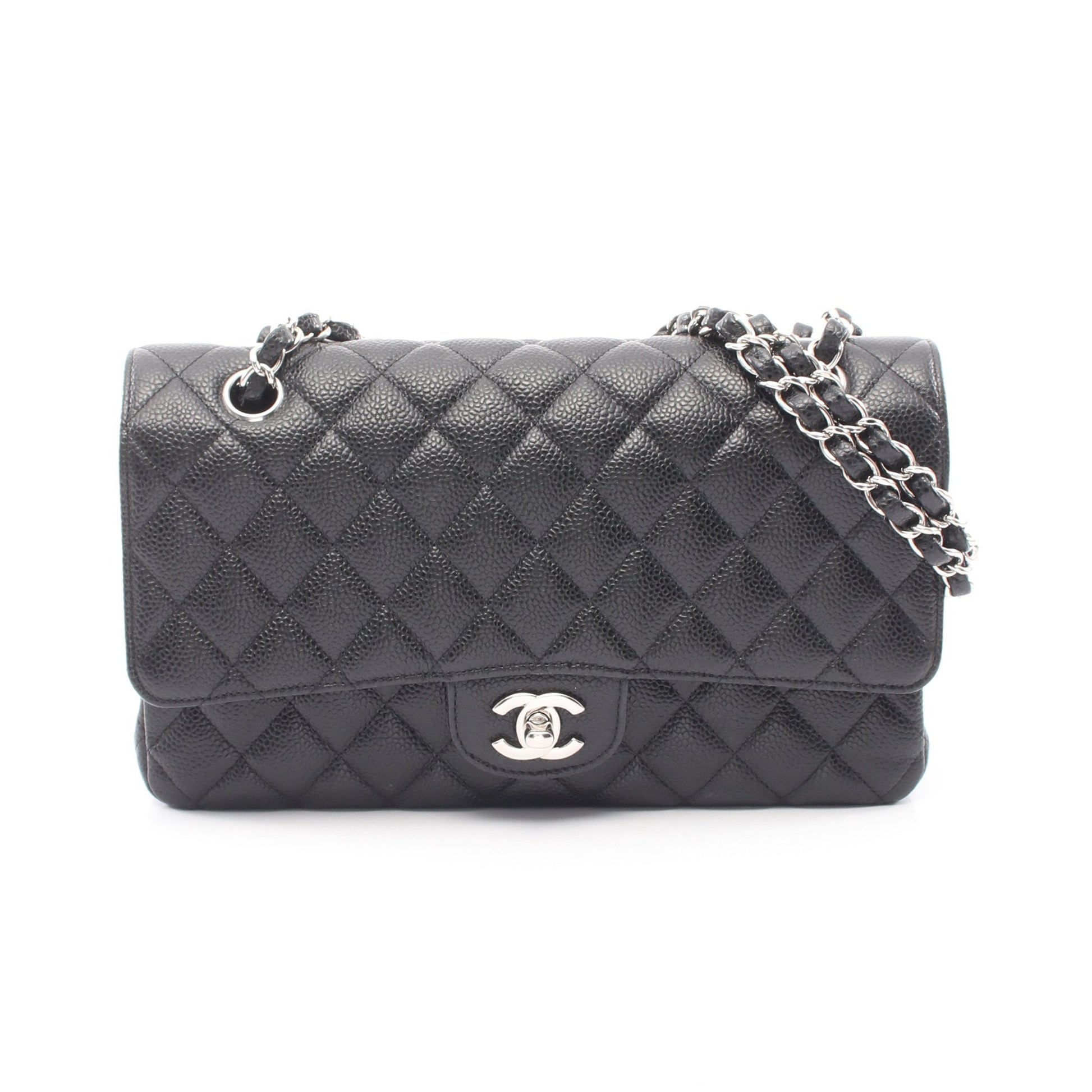マトラッセ Wフラップ Wチェーンショルダーバッグ キャビアスキン ブラック シルバー金具 シャネル バッグ CHANEL