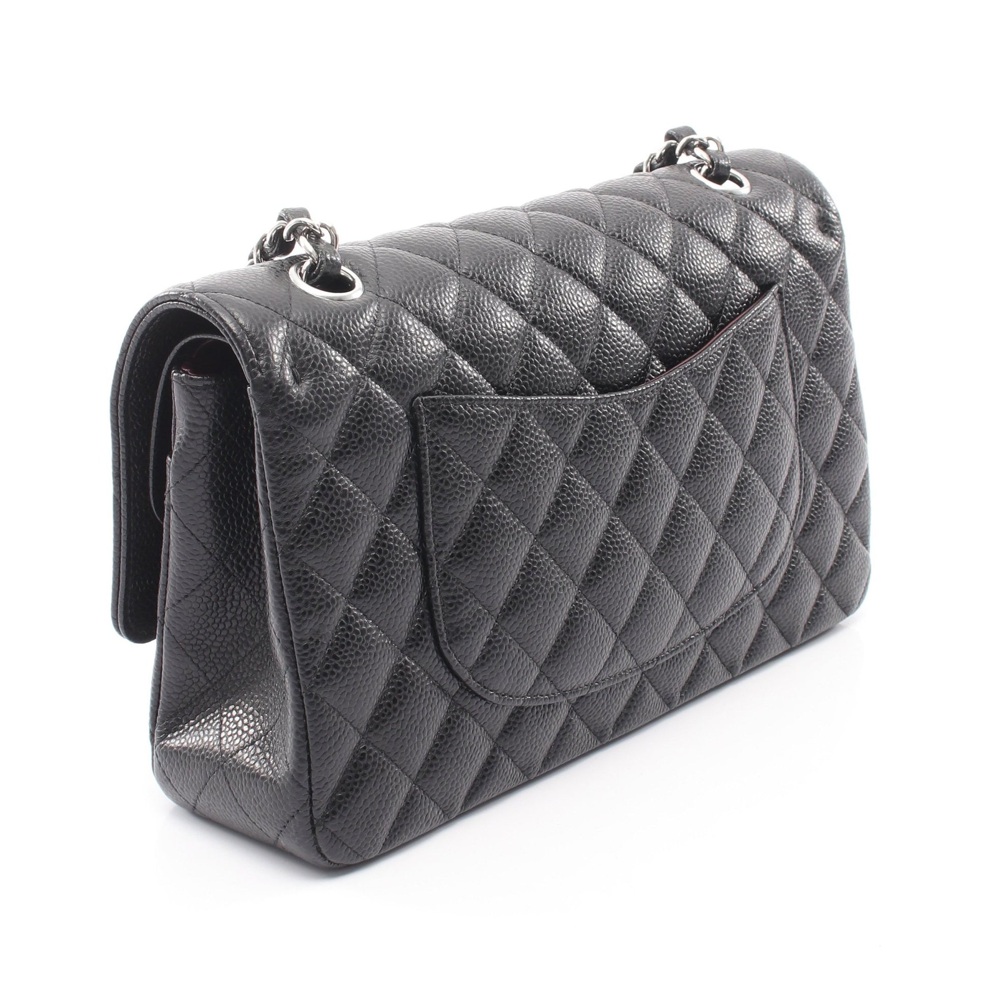 マトラッセ Wフラップ Wチェーンショルダーバッグ キャビアスキン ブラック シルバー金具 シャネル バッグ CHANEL