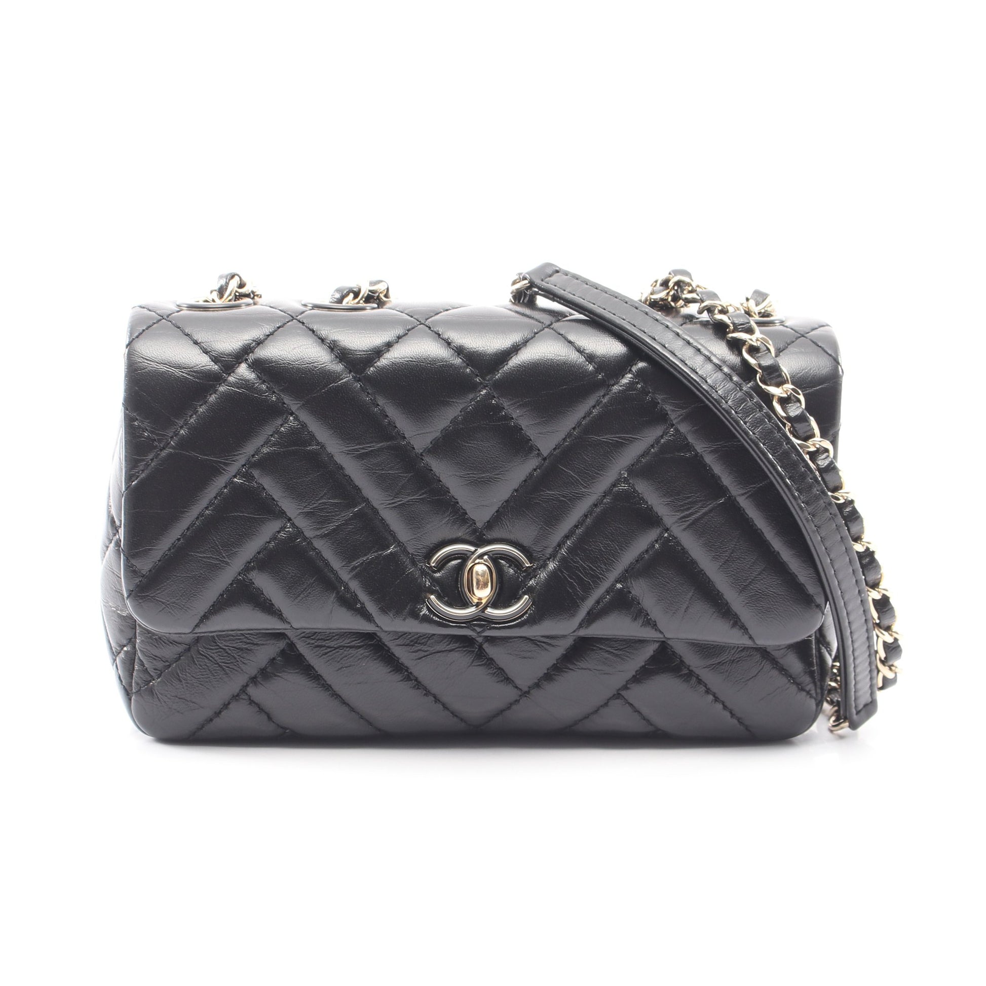 マトラッセ Wチェーンショルダーバッグ ラムスキン ブラック ゴールド金具 シャネル バッグ CHANEL