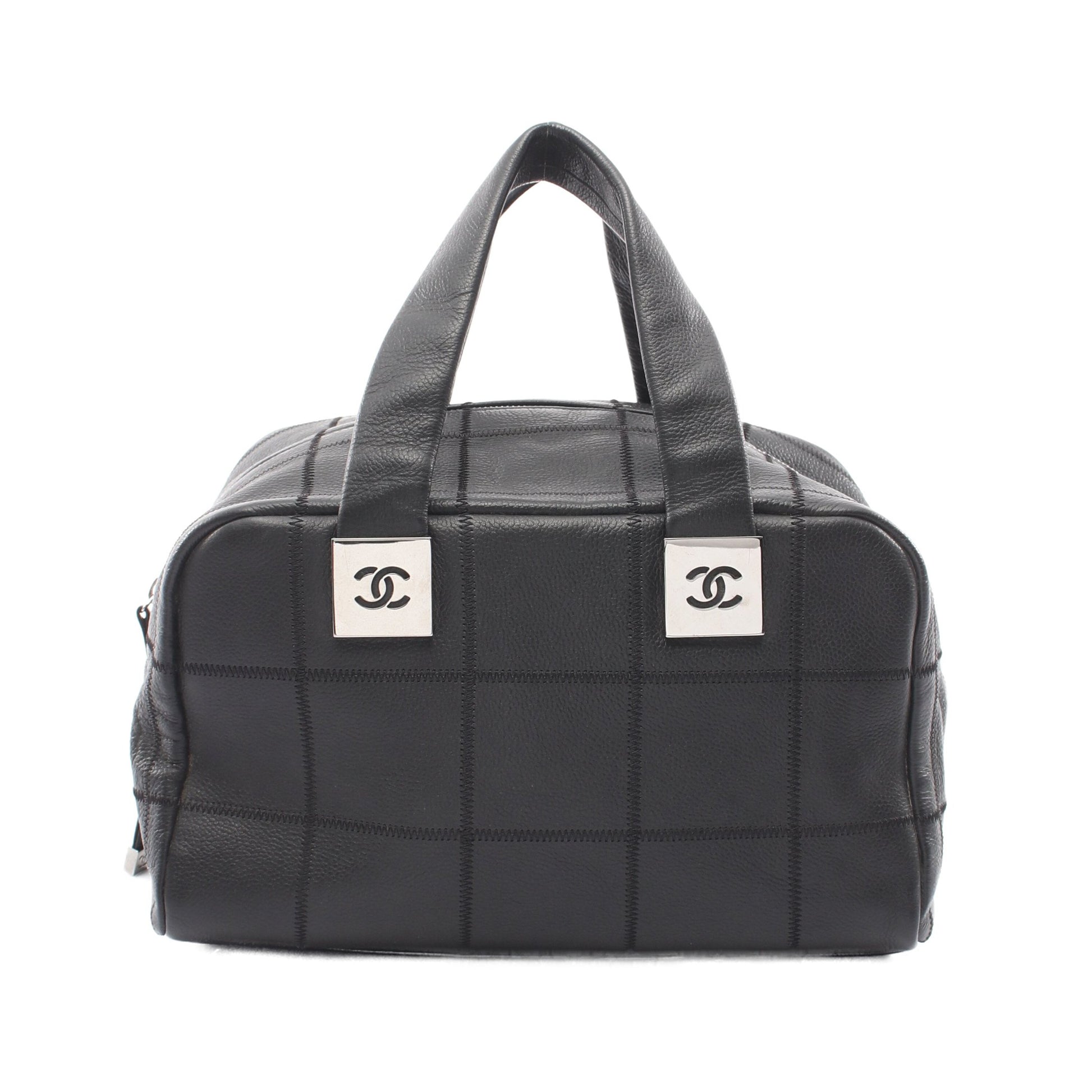 チョコバー ハンドバッグ ミニボストンバッグ キャビアスキン ブラック シルバー金具 シャネル バッグ CHANEL