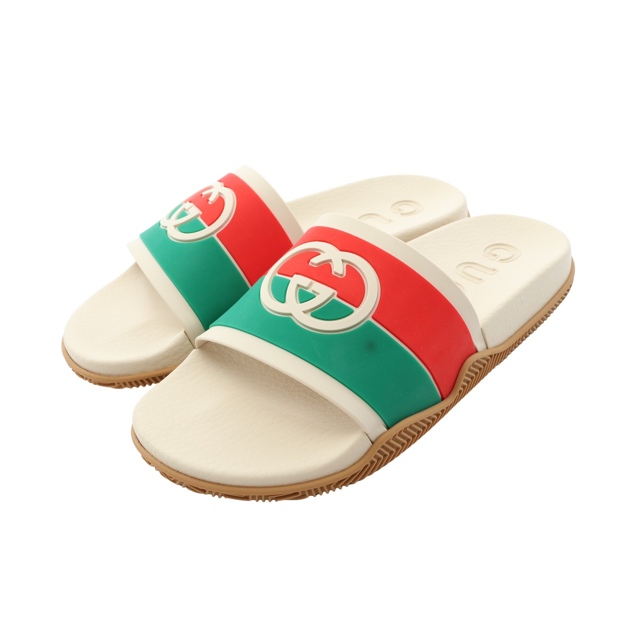 GUCCI ラバーサンダル クロスストラップ レッド グリーン 40 インターロッキングG スライドサンダル ラバー オフホワイト グリーン