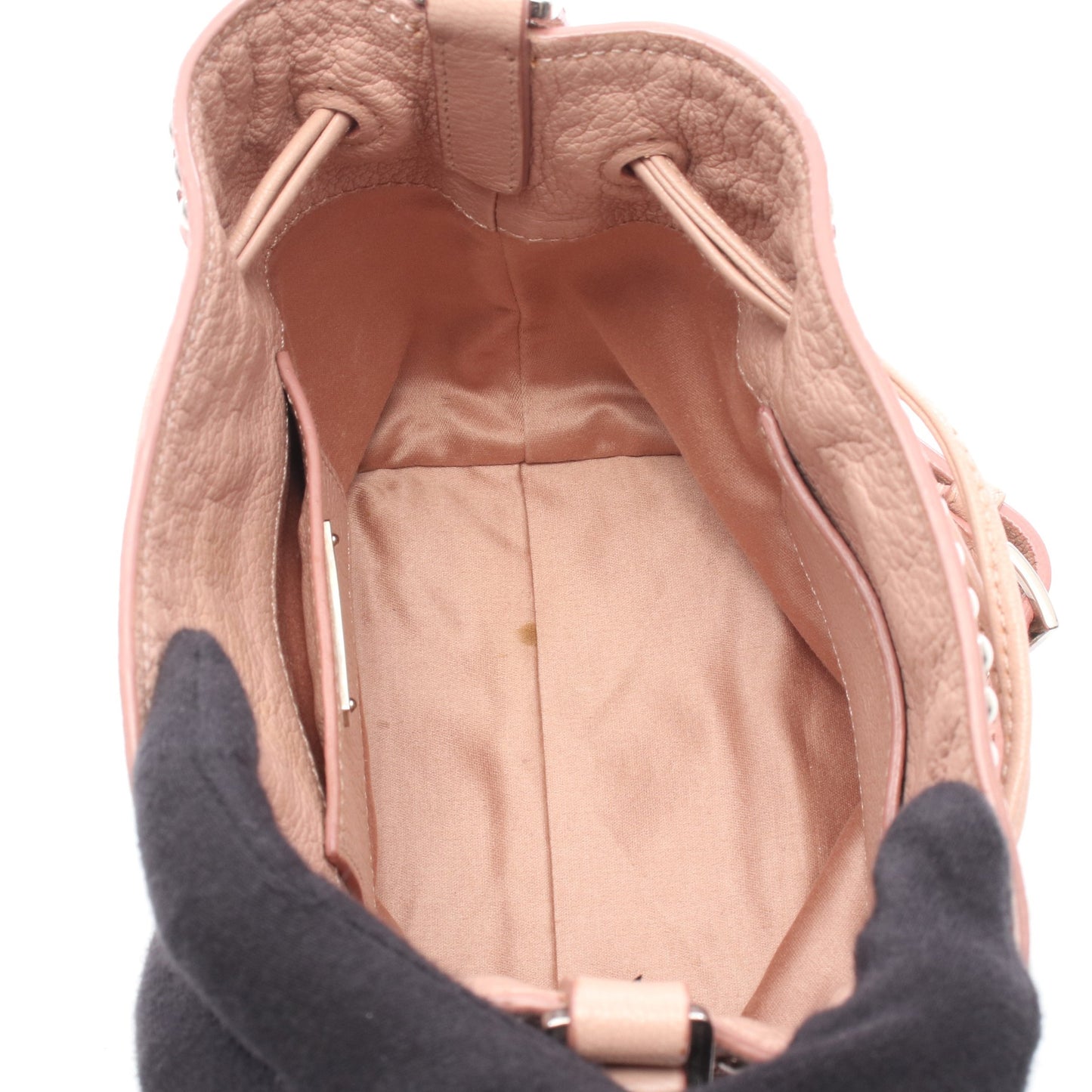 マドラス クリスタル バケット ショルダーバッグ レザー ライトピンク ラインストーン スタッズ ミュウミュウ バッグ miu miu