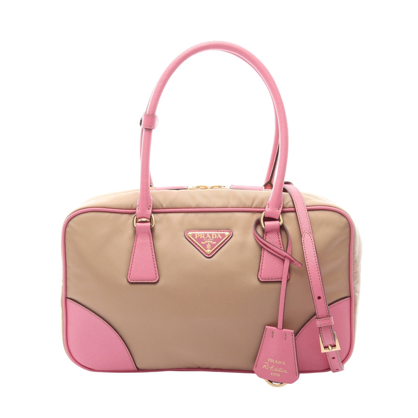 RE-EDITION 1978 RE-NYLON TESSUTO+SAFFIANO ミディアム ダブルハンドル 2WAY ハンドバッグ サフィアーノレザー レザー ベージュ ピンク プラダ