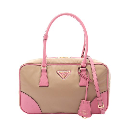 RE-EDITION 1978 RE-NYLON TESSUTO+SAFFIANO ミディアム ダブルハンドル 2WAY ハンドバッグ サフィアーノレザー レザー ベージュ ピンク プラダ バッグ PRADA