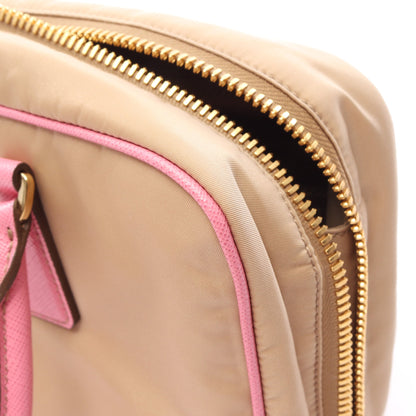 RE-EDITION 1978 RE-NYLON TESSUTO+SAFFIANO ミディアム ダブルハンドル 2WAY ハンドバッグ サフィアーノレザー レザー ベージュ ピンク プラダ