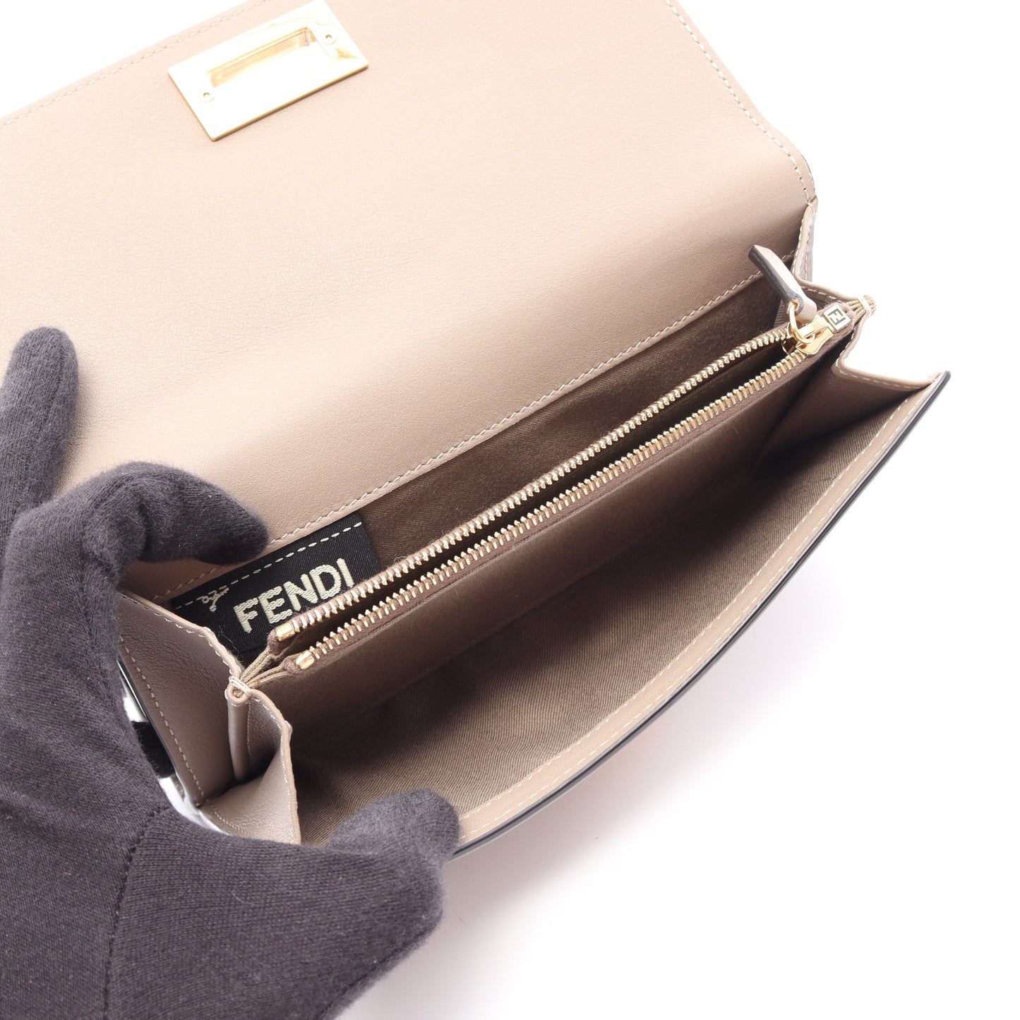 ピーカブー セレリア 二つ折り長財布 Wホック財布 レザー グレーベージュ フェンディ