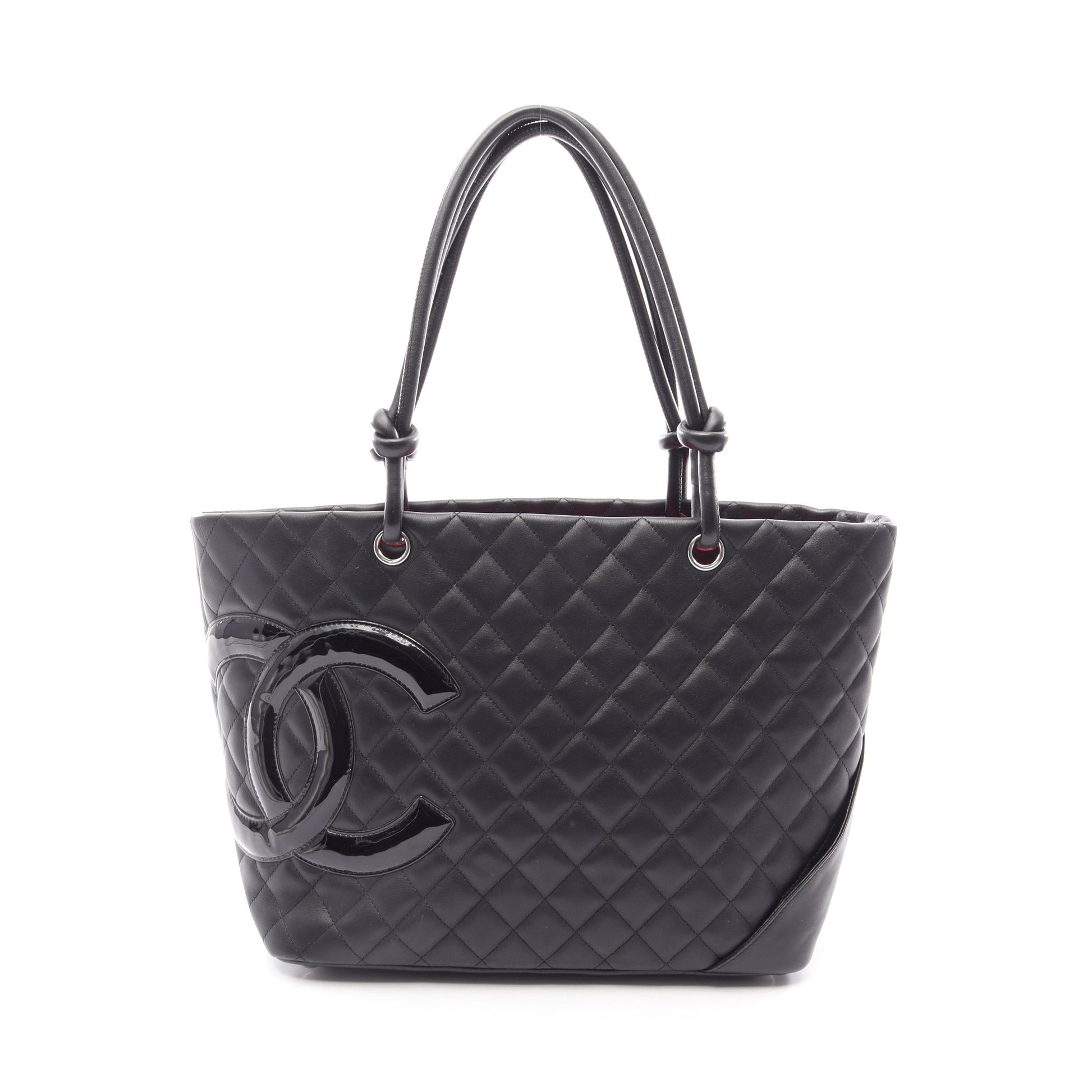 カンボンライン ラージ ショルダーバッグ トートバッグ レザー エナメル ブラック シルバー金具 シャネル バッグ CHANEL
