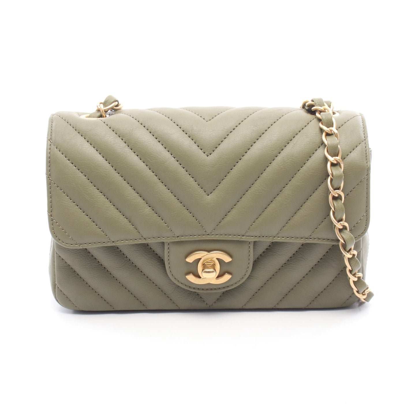 ミニマトラッセ20 チェーンショルダーバッグ レザー カーキグリーン ゴールド金具 シャネル バッグ CHANEL