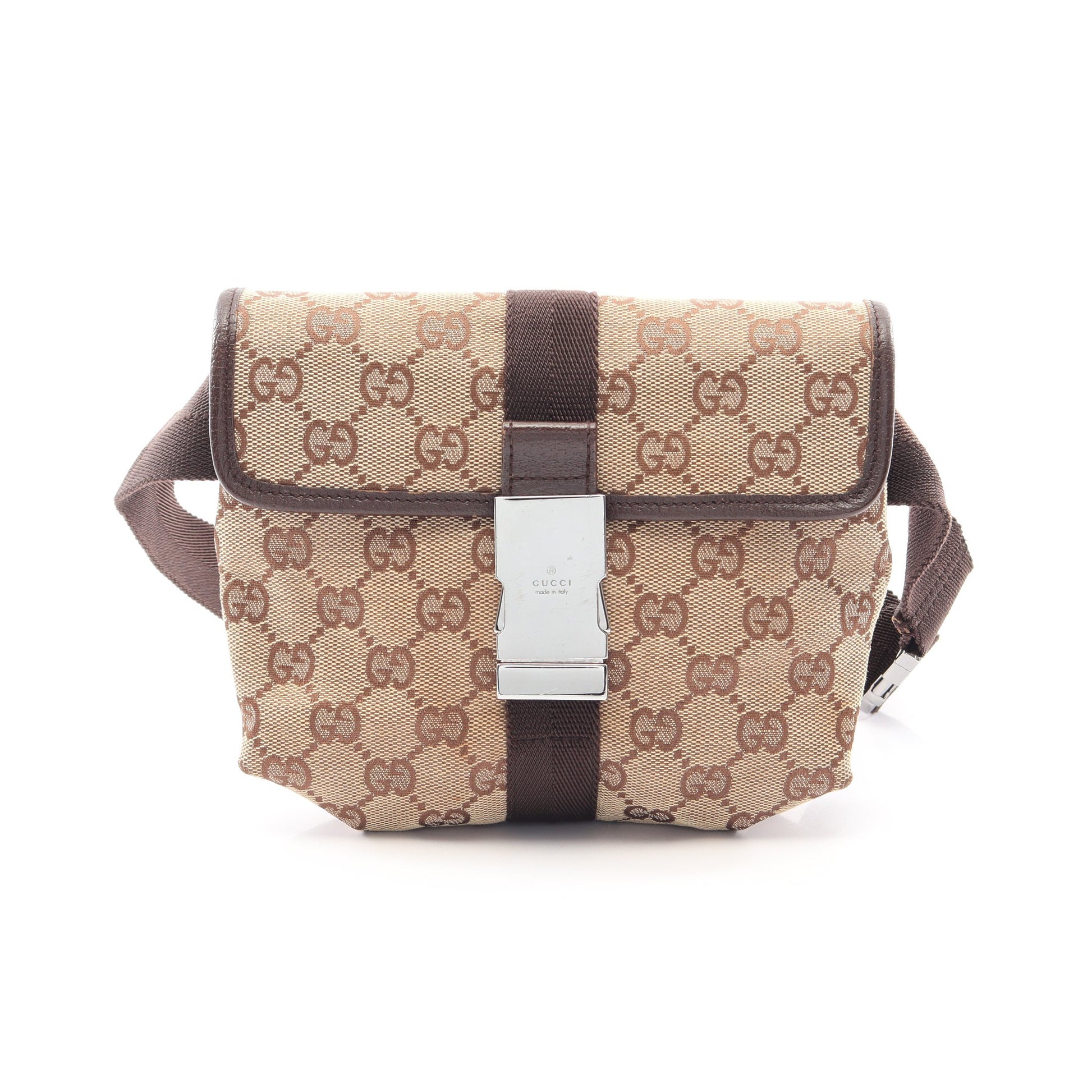 GGキャンバス ボディバッグ ウエストバッグ キャンバス レザー ベージュ ダークブラウン グッチ バッグ GUCCI
