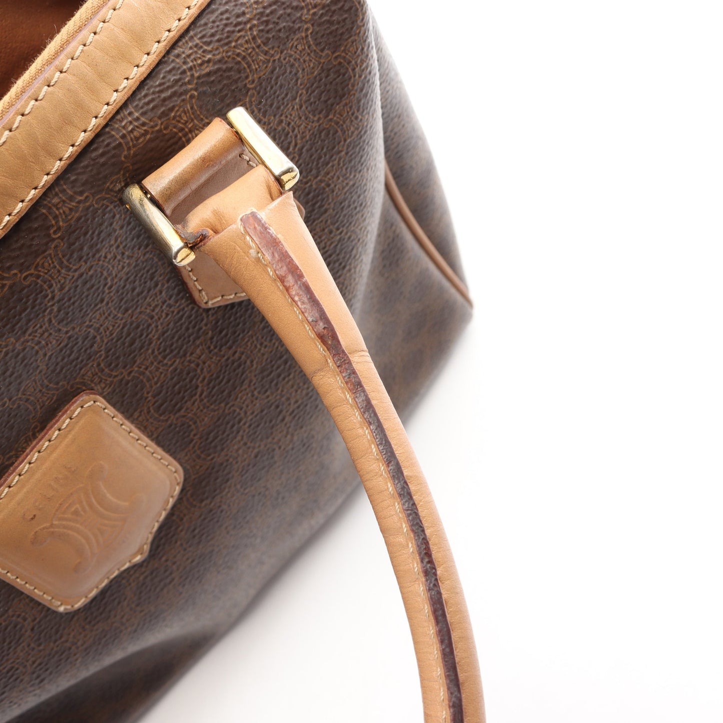 マカダム ハンドバッグ ミニボストンバッグ PVC レザー ダークブラウン ベージュ セリーヌ バッグ CELINE