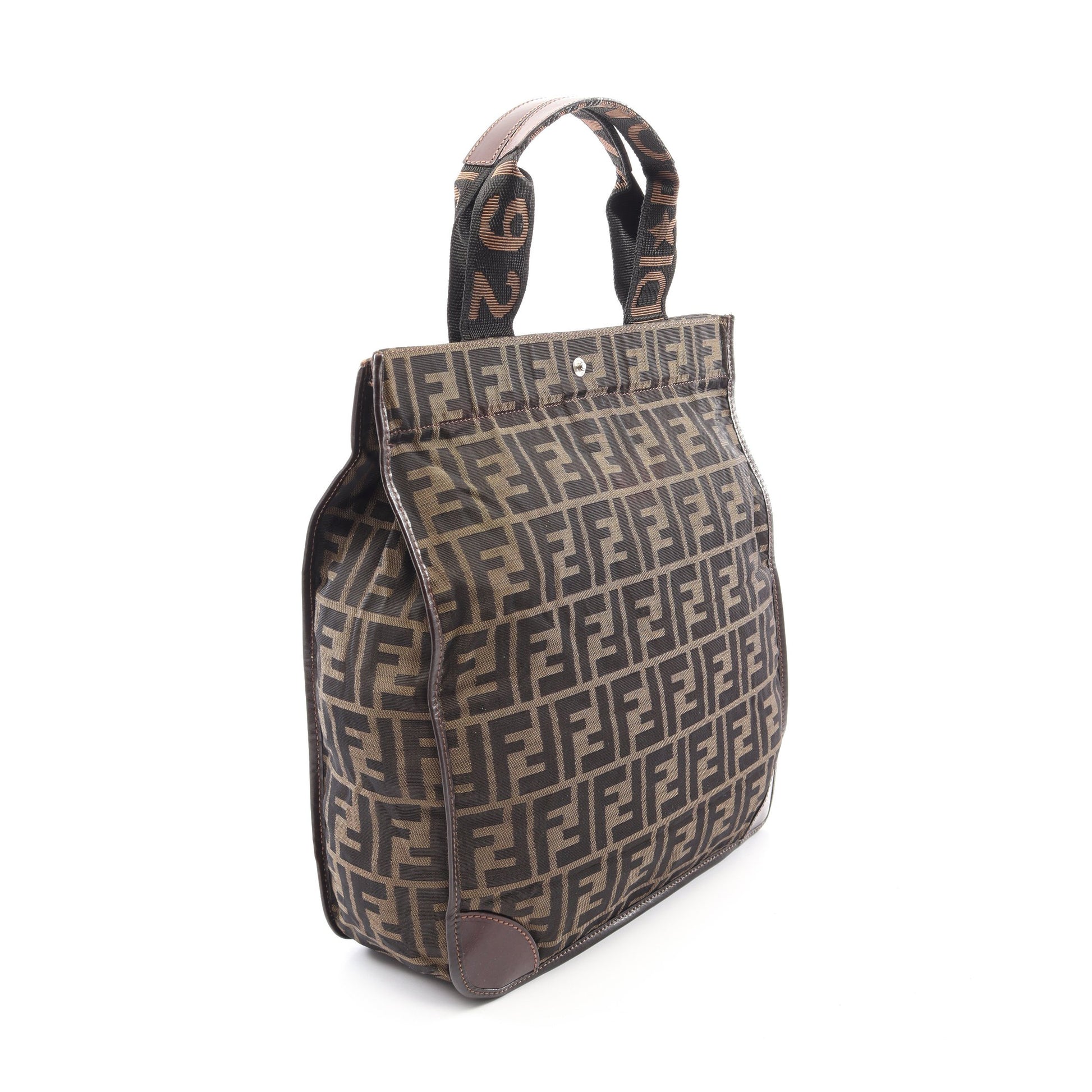 ズッカ 折りたたみ ハンドバッグ トートバッグ キャンバス レザー ブラウン ダークブラウン フェンディ バッグ FENDI