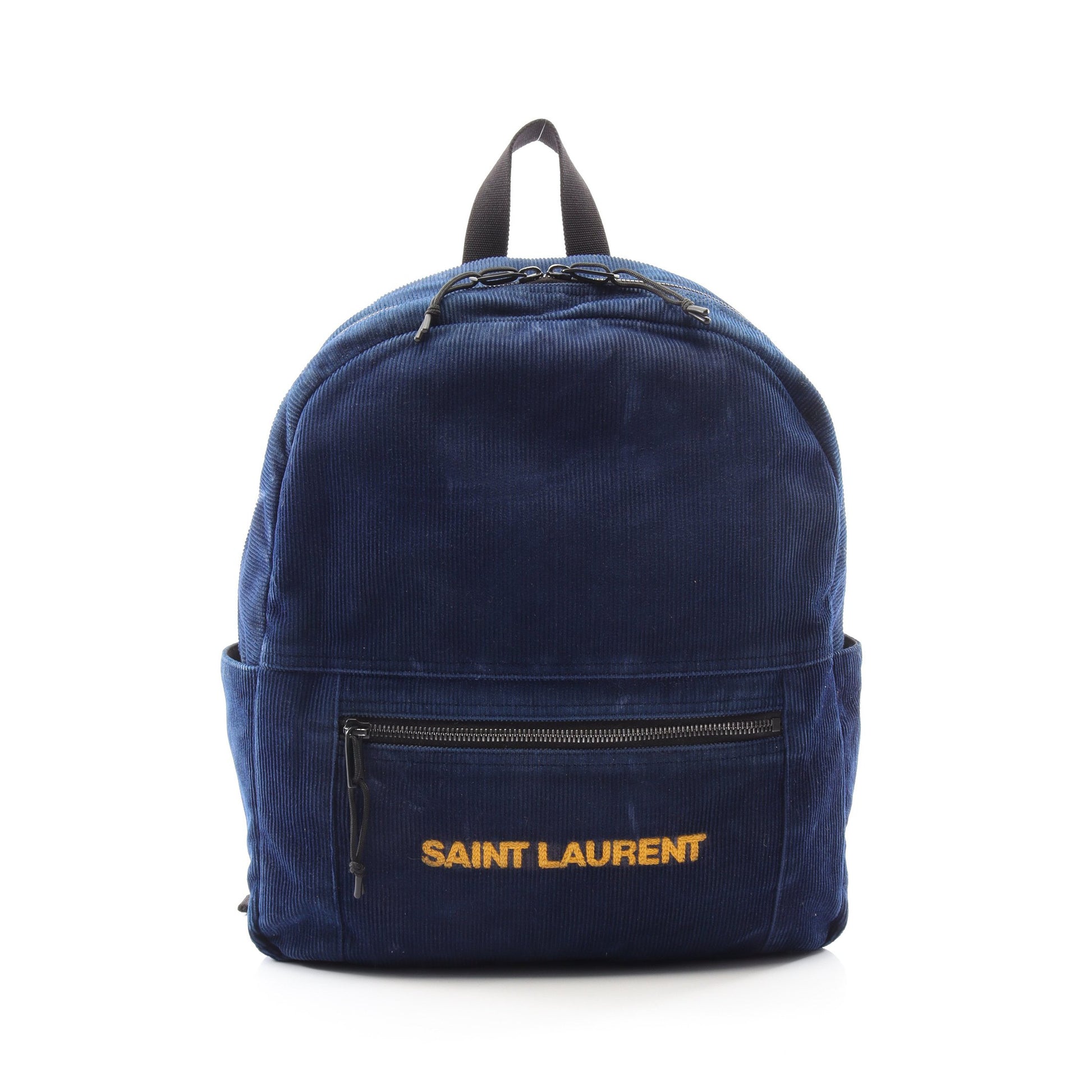 ロゴ刺繍 バックパック リュックサック コーデュロイ ダークブルー イエロー サンローランパリ バッグ SAINT LAURENT PARIS