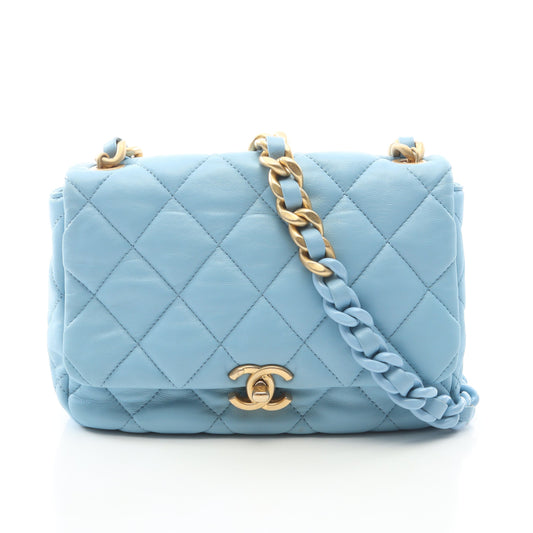 マトラッセ チェーンショルダーバッグ ラムスキン ライトブルー ゴールド金具 シャネル バッグ CHANEL
