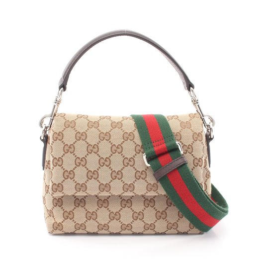 GGキャンバス シェリーライン 2WAY ハンドバッグ キャンバス レザー ベージュ ダークブラウン グッチ バッグ GUCCI