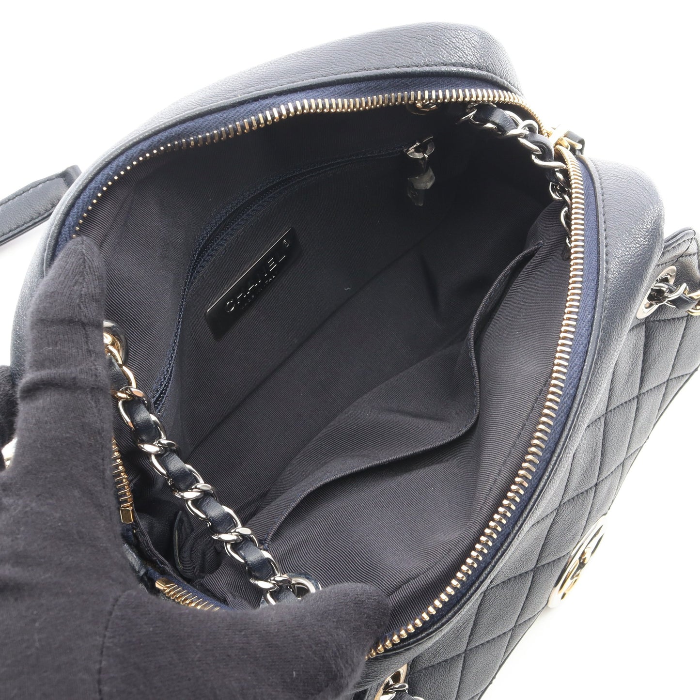 マトラッセ カメラバッグ チェーンショルダーバッグ レザー ネイビー コンビ金具 シャネル バッグ CHANEL