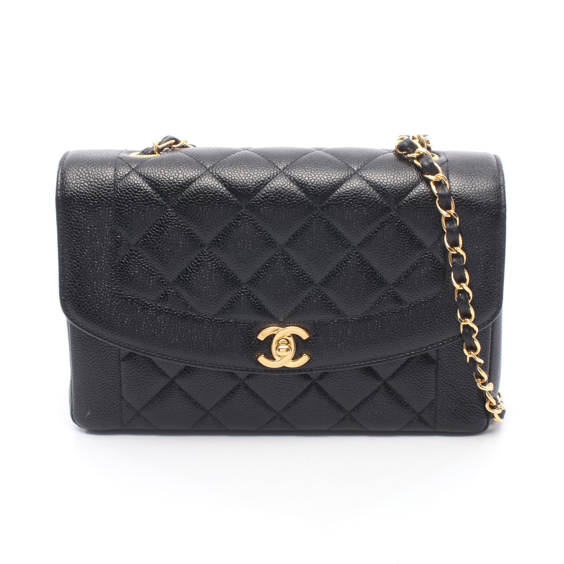 マトラッセ ダイアナフラップ チェーンショルダーバッグ キャビアスキン ブラック ゴールド金具 シャネル バッグ CHANEL