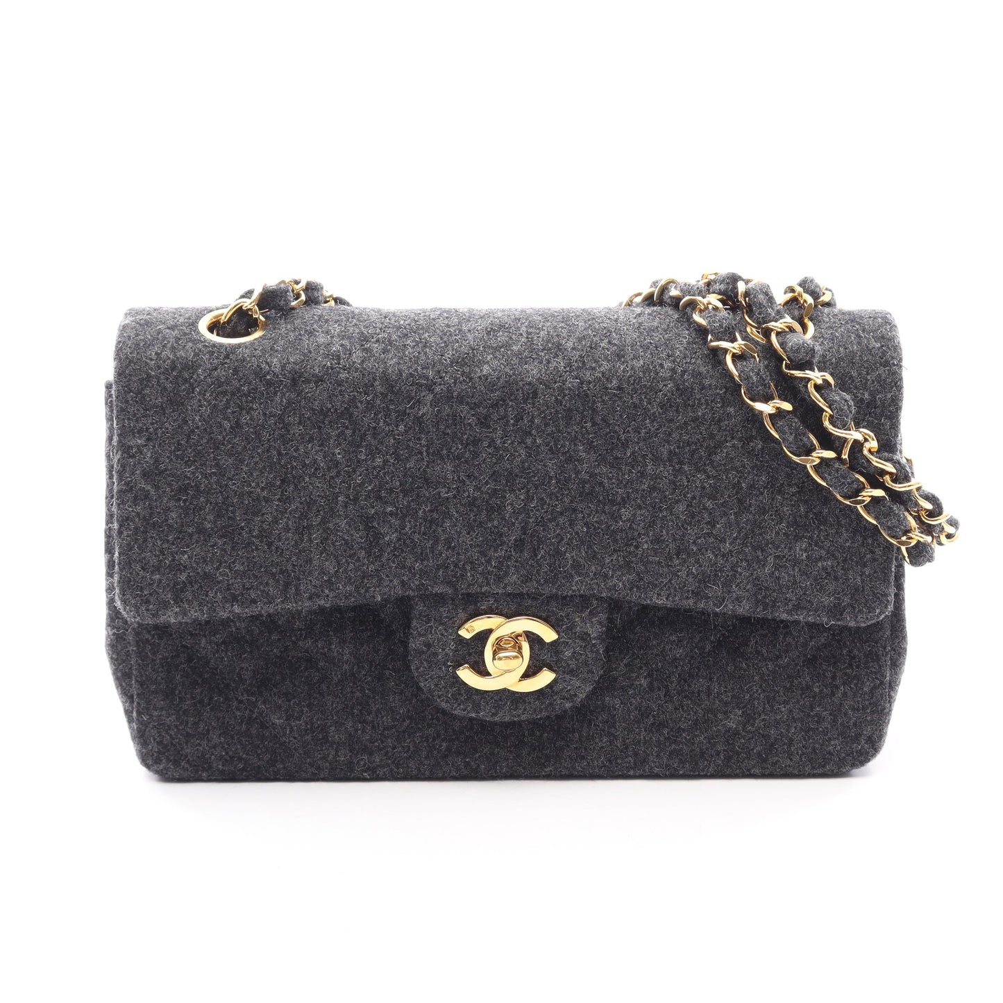 マトラッセ Wフラップ Wチェーンショルダーバッグ ウール ダークグレー ゴールド金具 シャネル バッグ CHANEL