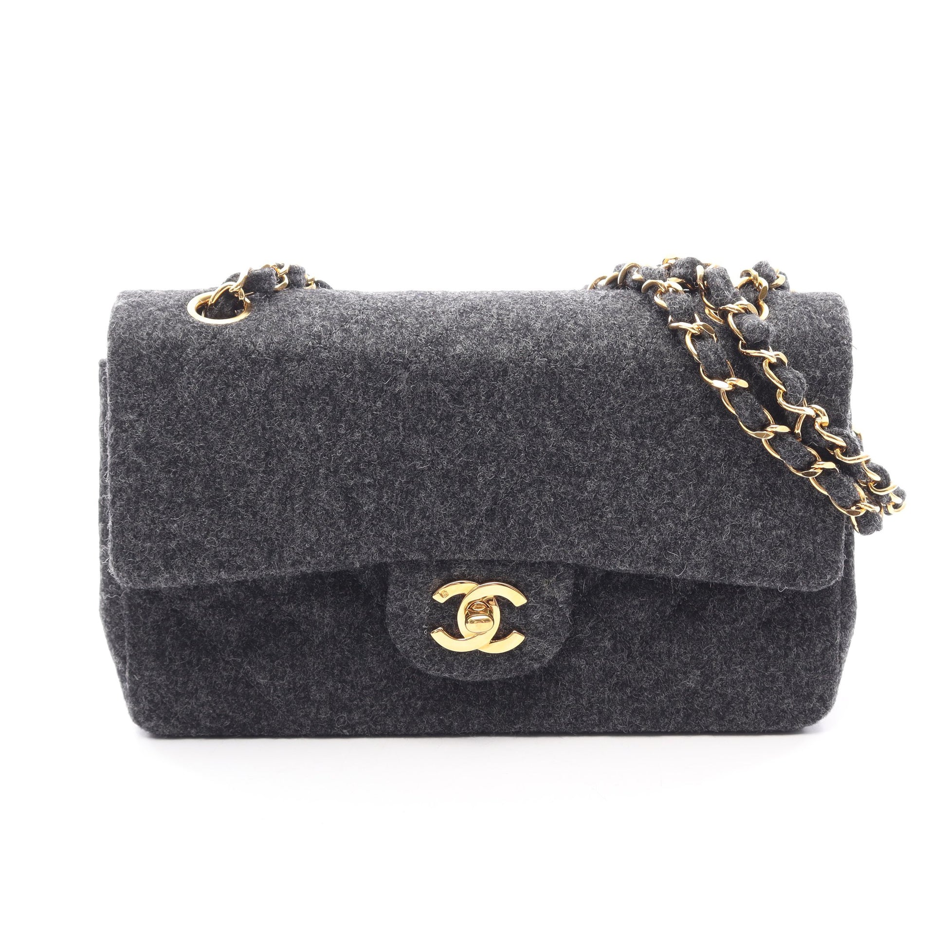 マトラッセ Wフラップ Wチェーンショルダーバッグ ウール ダークグレー ゴールド金具 シャネル バッグ CHANEL