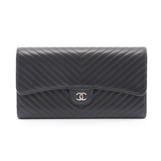 Vステッチ シェブロン 二つ折り長財布 ラムスキン ブラック シルバー金具 シャネル 財布・小物 CHANEL