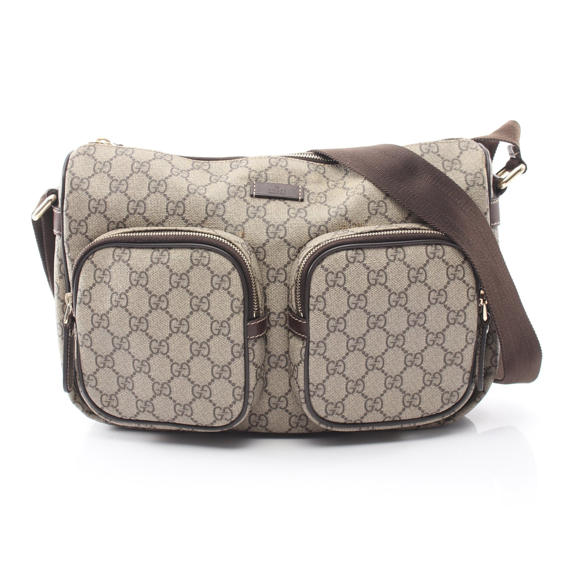 GGスプリーム ショルダーバッグ PVC レザー グレーベージュ ダークブラウン グッチ バッグ GUCCI
