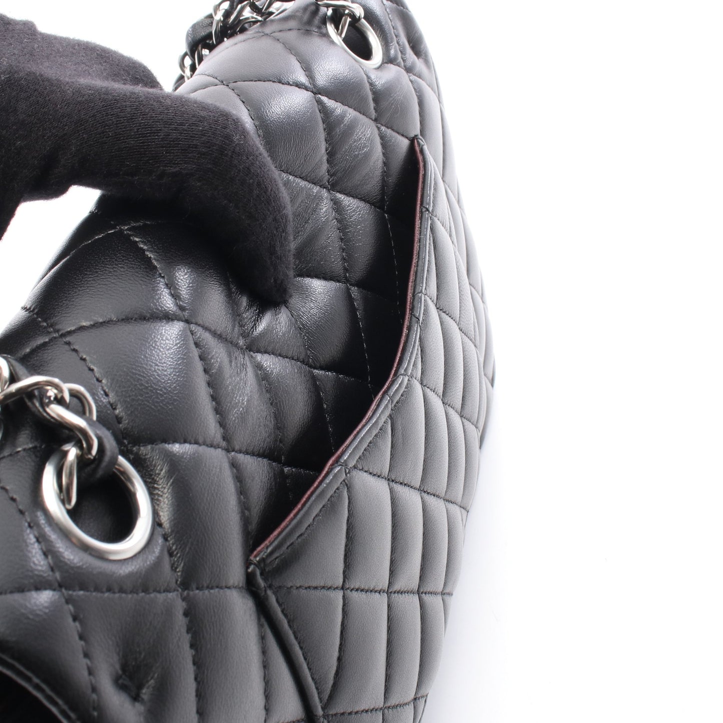 マトラッセ Wフラップ Wチェーンショルダーバッグ ラムスキン ブラック シルバー金具 シャネル バッグ CHANEL