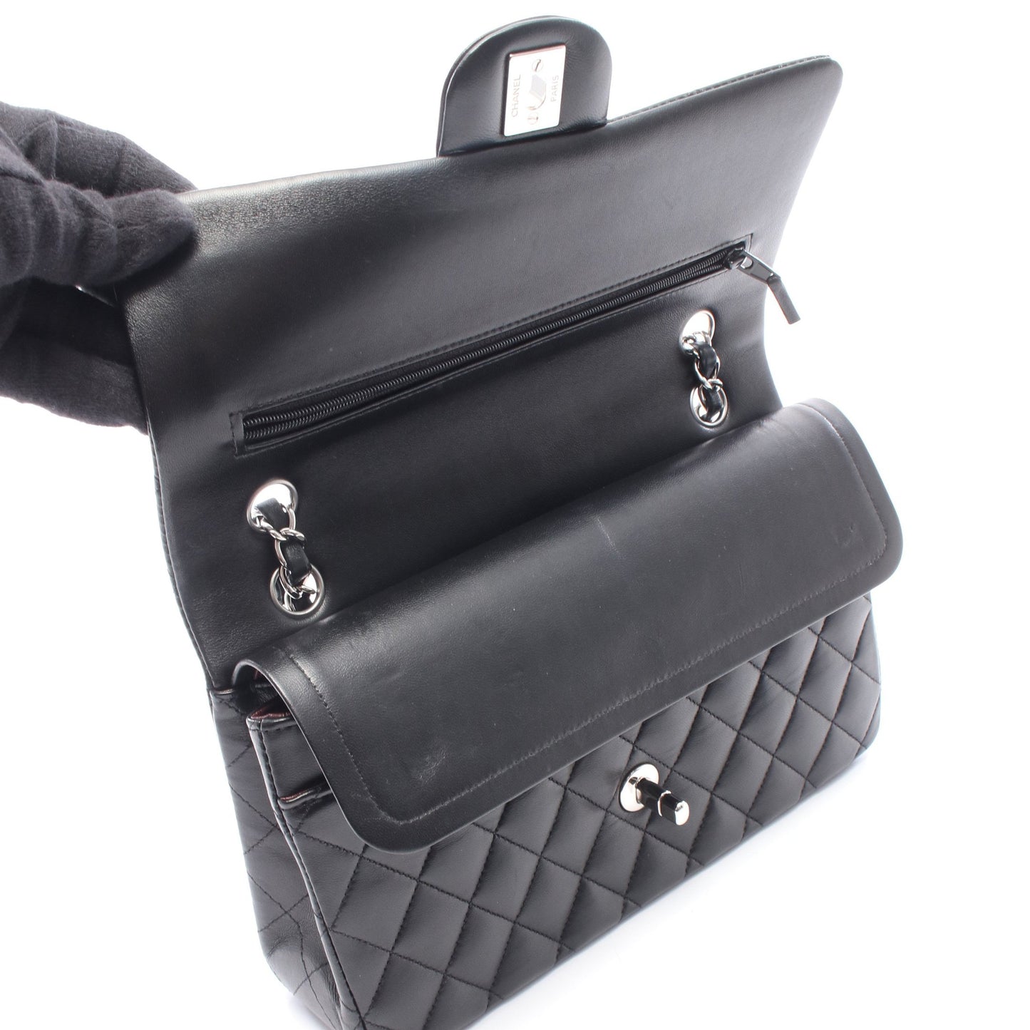 マトラッセ Wフラップ Wチェーンショルダーバッグ ラムスキン ブラック シルバー金具 シャネル バッグ CHANEL