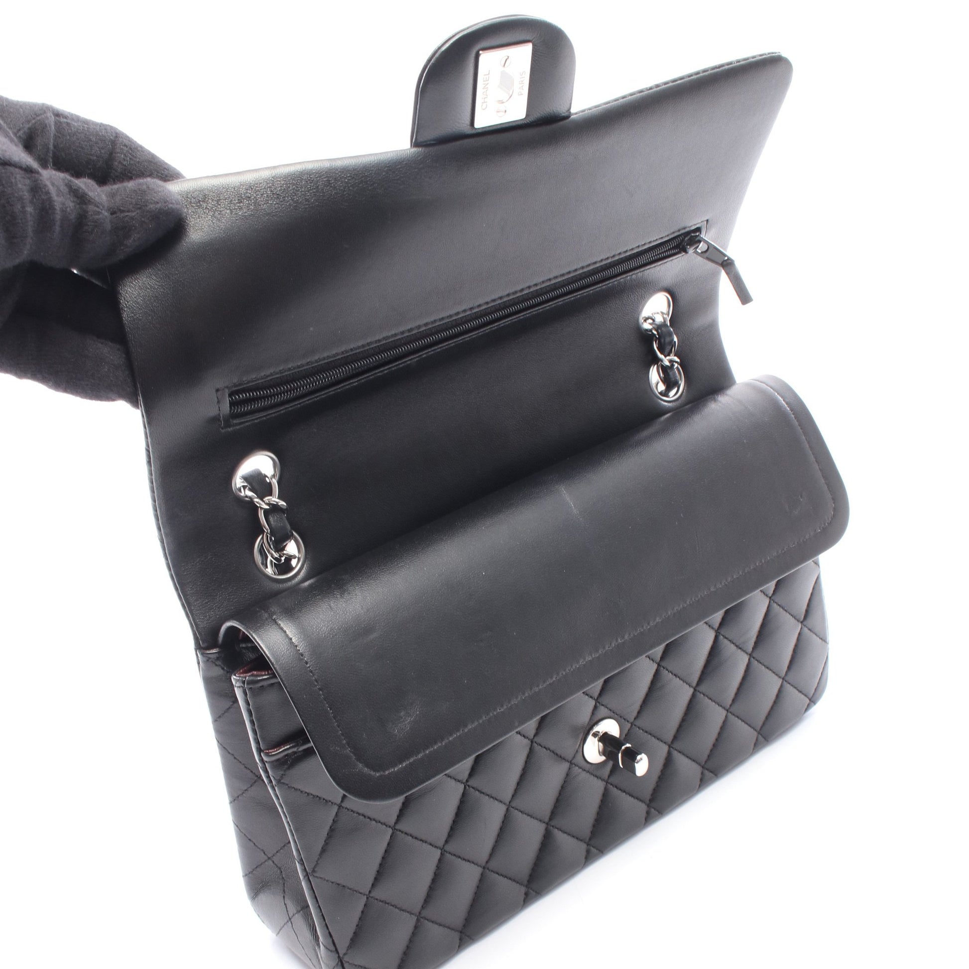 マトラッセ Wフラップ Wチェーンショルダーバッグ ラムスキン ブラック シルバー金具 シャネル バッグ CHANEL
