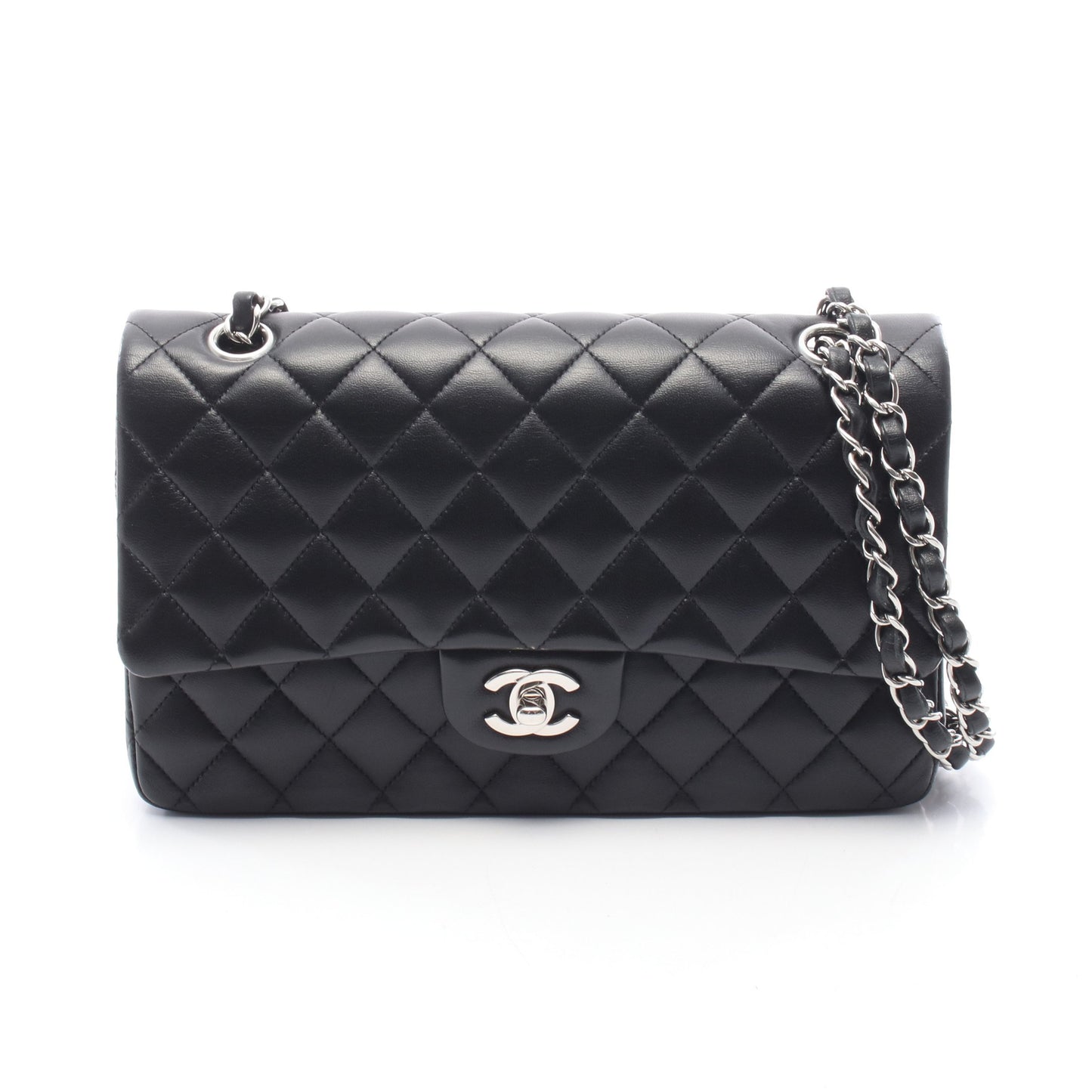 マトラッセ Wフラップ Wチェーンショルダーバッグ ラムスキン ブラック シルバー金具 シャネル バッグ CHANEL