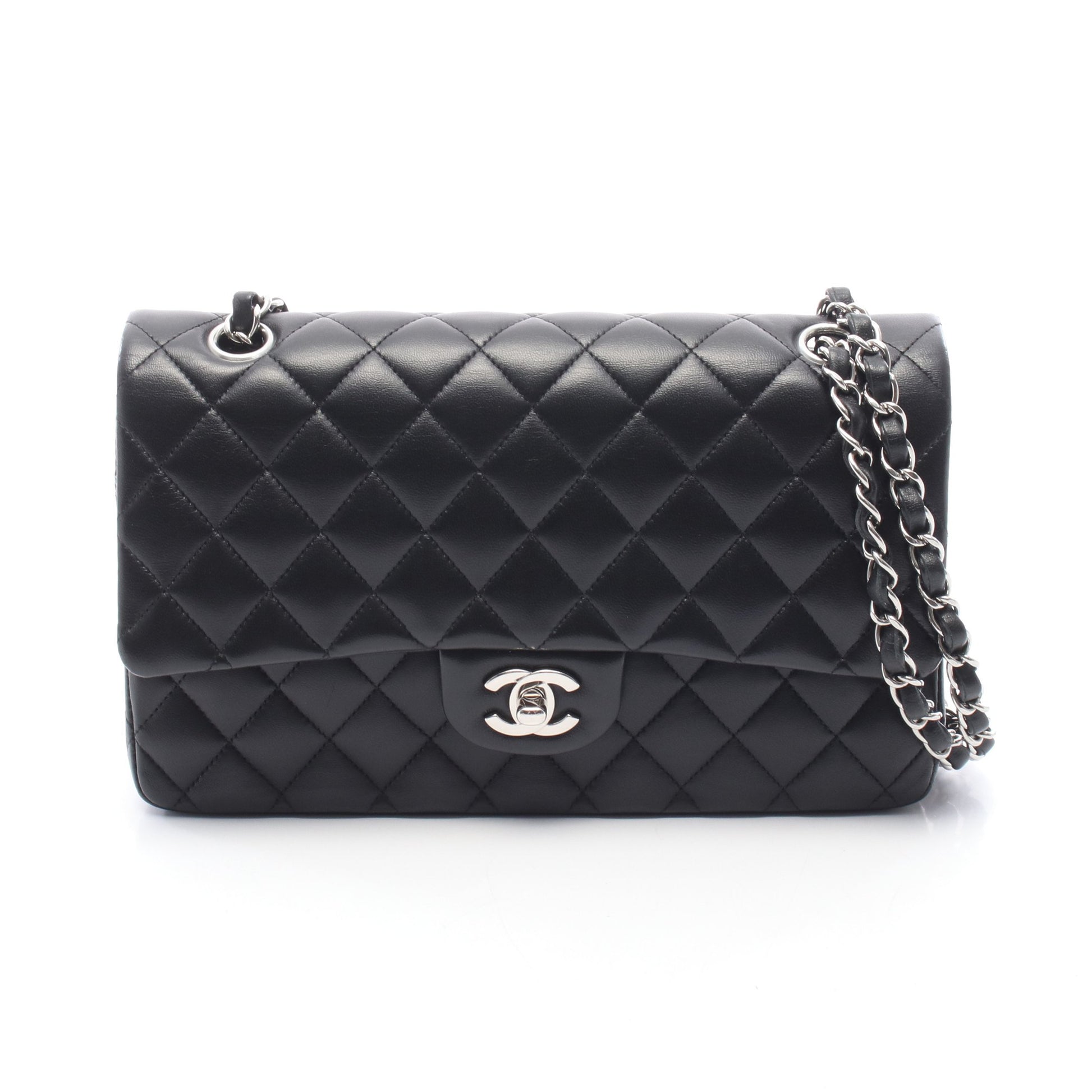 マトラッセ Wフラップ Wチェーンショルダーバッグ ラムスキン ブラック シルバー金具 シャネル バッグ CHANEL