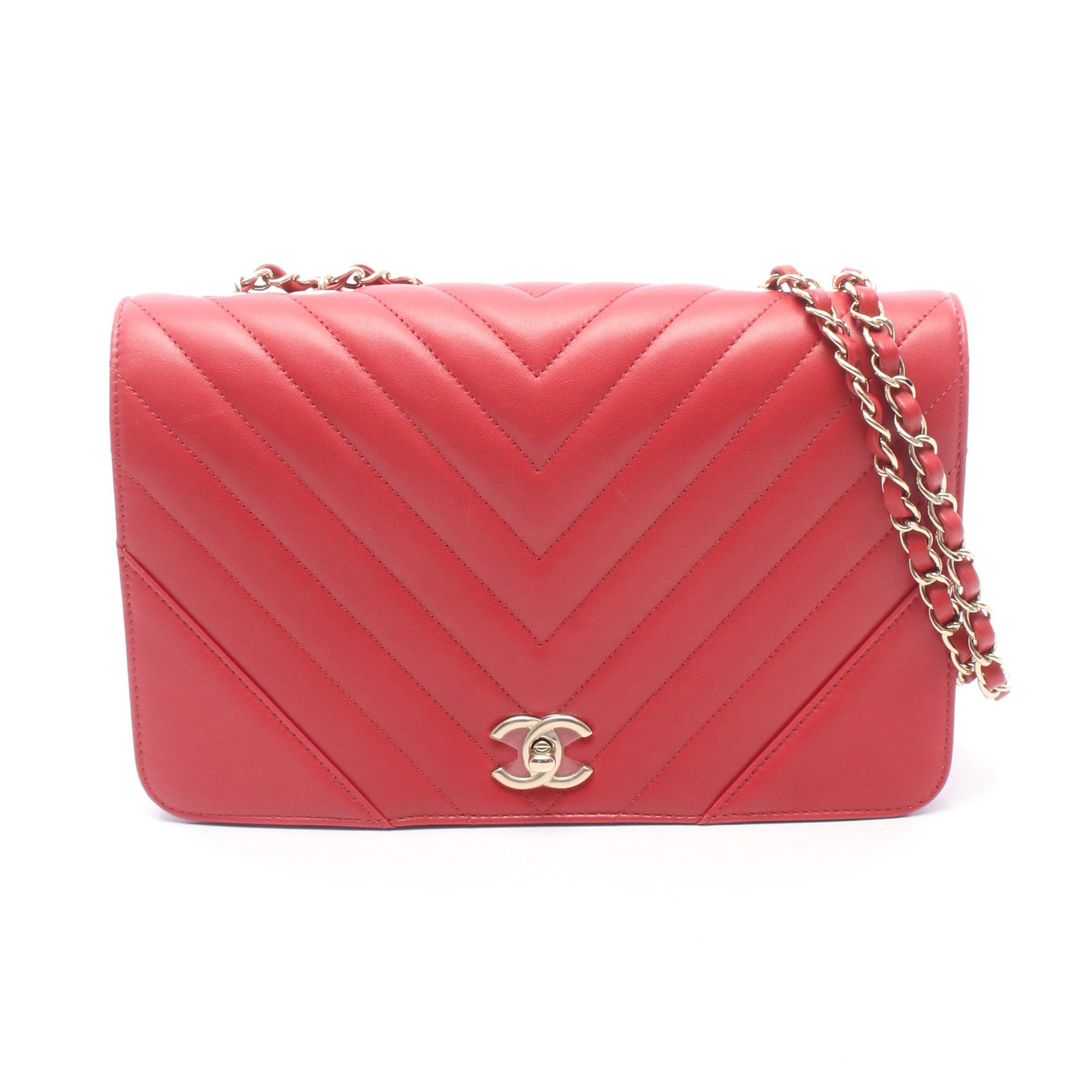 シェブロン Vステッチ フルフラップ Wチェーンショルダーバッグ レザー レッド ゴールド金具 シャネル バッグ CHANEL