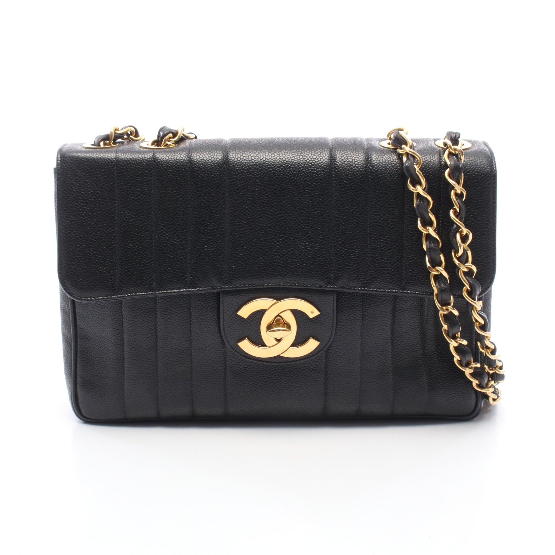 マドモアゼル Wチェーンショルダーバッグ キャビアスキン ブラック ゴールド金具 シャネル バッグ CHANEL