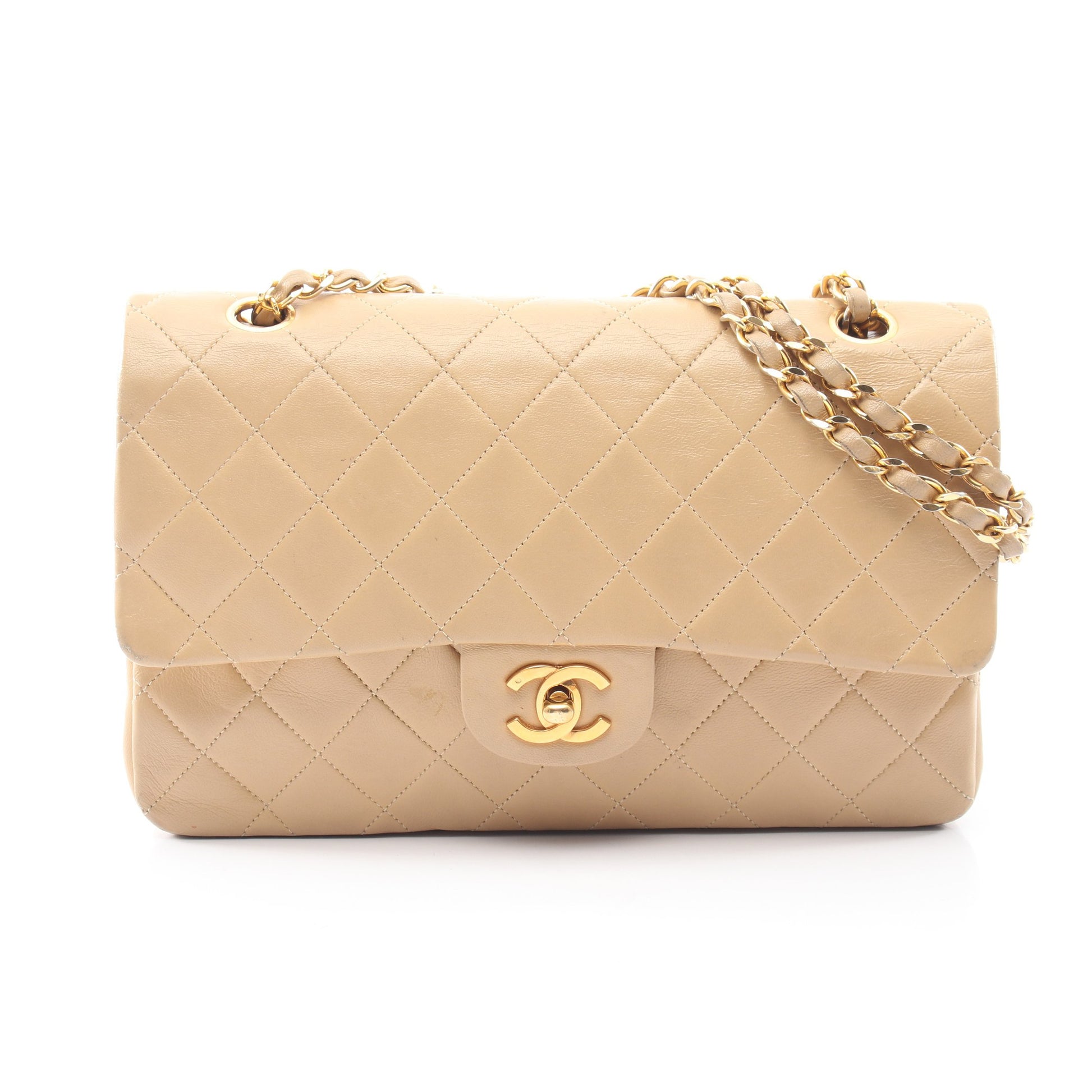 マトラッセ Wフラップ Wチェーンショルダーバッグ ラムスキン ベージュ ゴールド金具 シャネル バッグ CHANEL