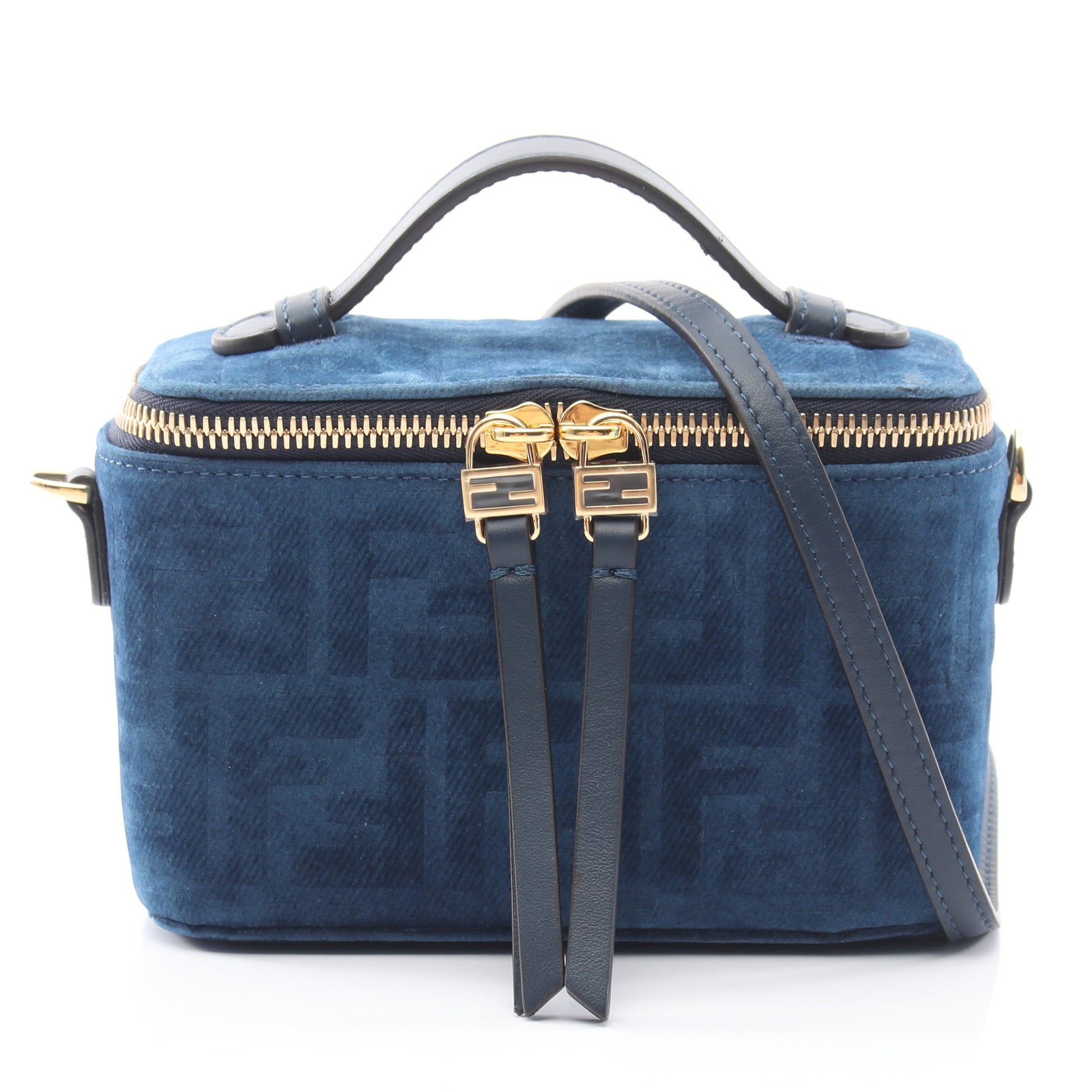 ヴァニティ FFフロックデニム 2WAY ハンドバッグ バニティバッグ ベロア レザー ブルー フェンディ バッグ FENDI