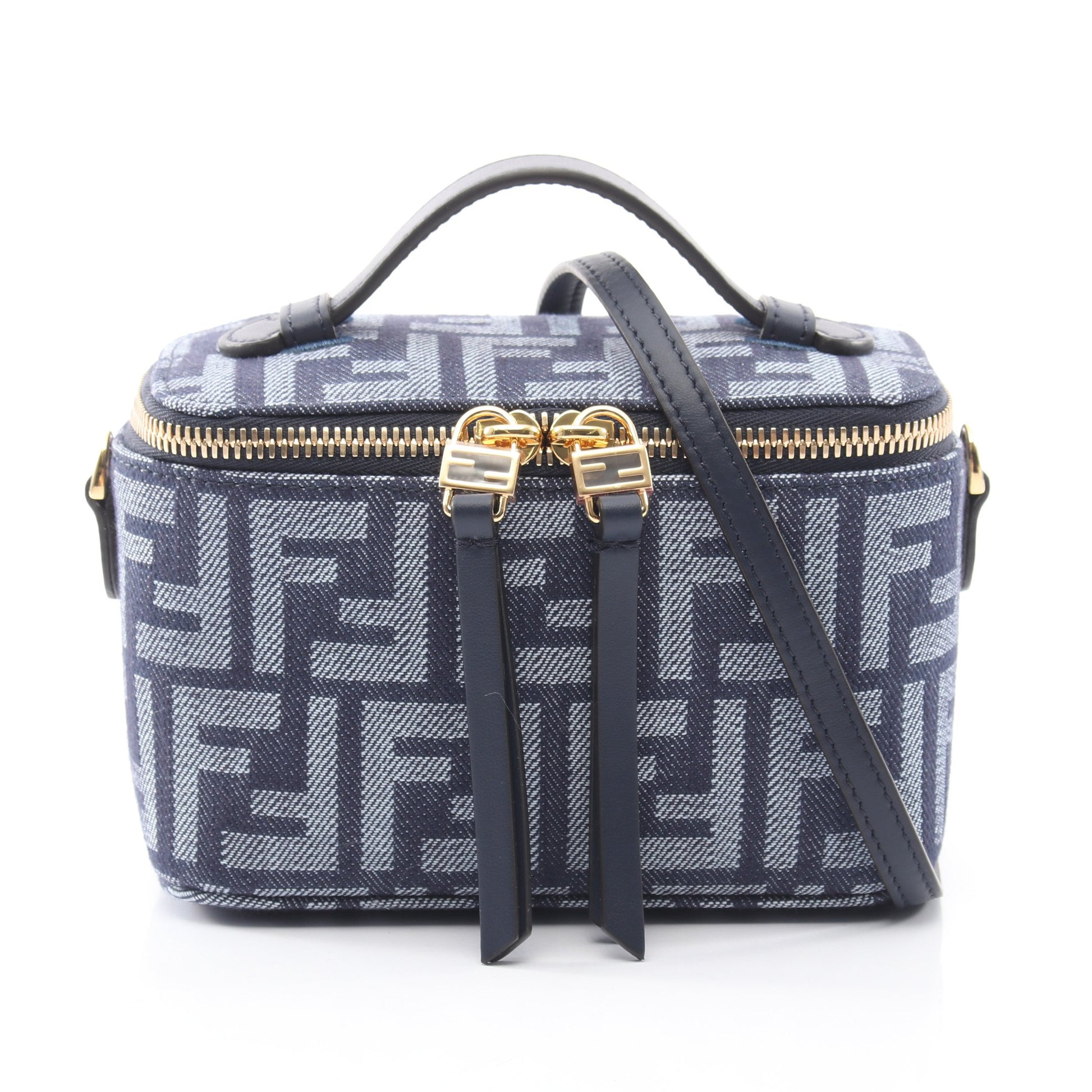 ヴァニティ FFジャガード 2WAY ハンドバッグ キャンバス レザー ネイビー ライトブルー フェンディ バッグ FENDI