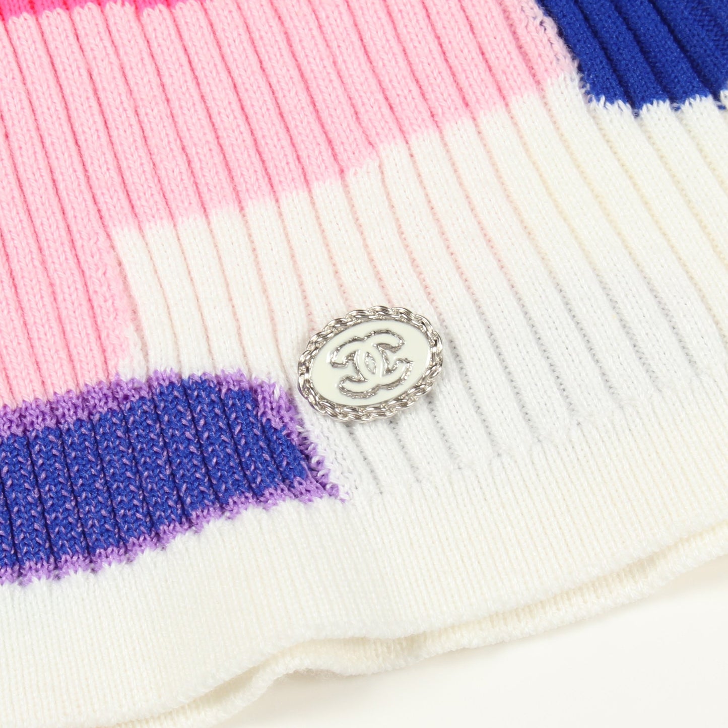ココマークボタン 総柄 リブ ニット コットン カシミヤ ホワイト マルチカラー シャネル