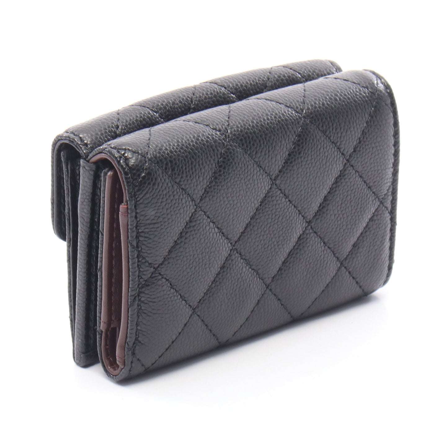 クラシック スモール フラップ ウォレット マトラッセ 三つ折り財布 キャビアスキン ブラック ゴールド金具 シャネル