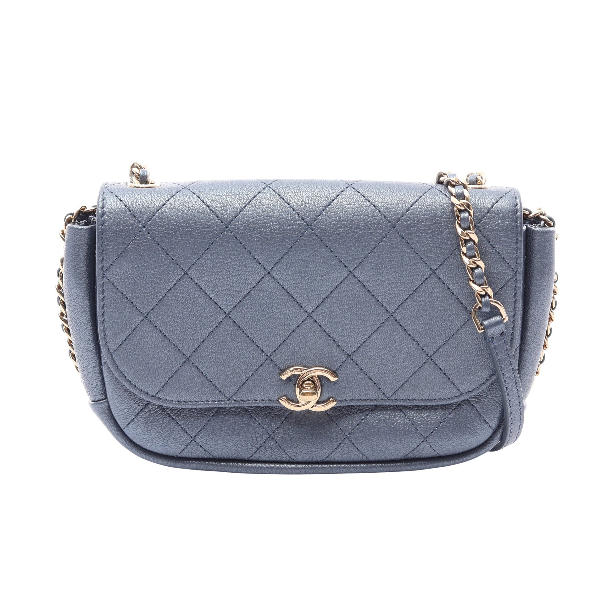 マトラッセ メタリック チェーンショルダーバッグ レザー ブルー ゴールド金具 シャネル バッグ CHANEL