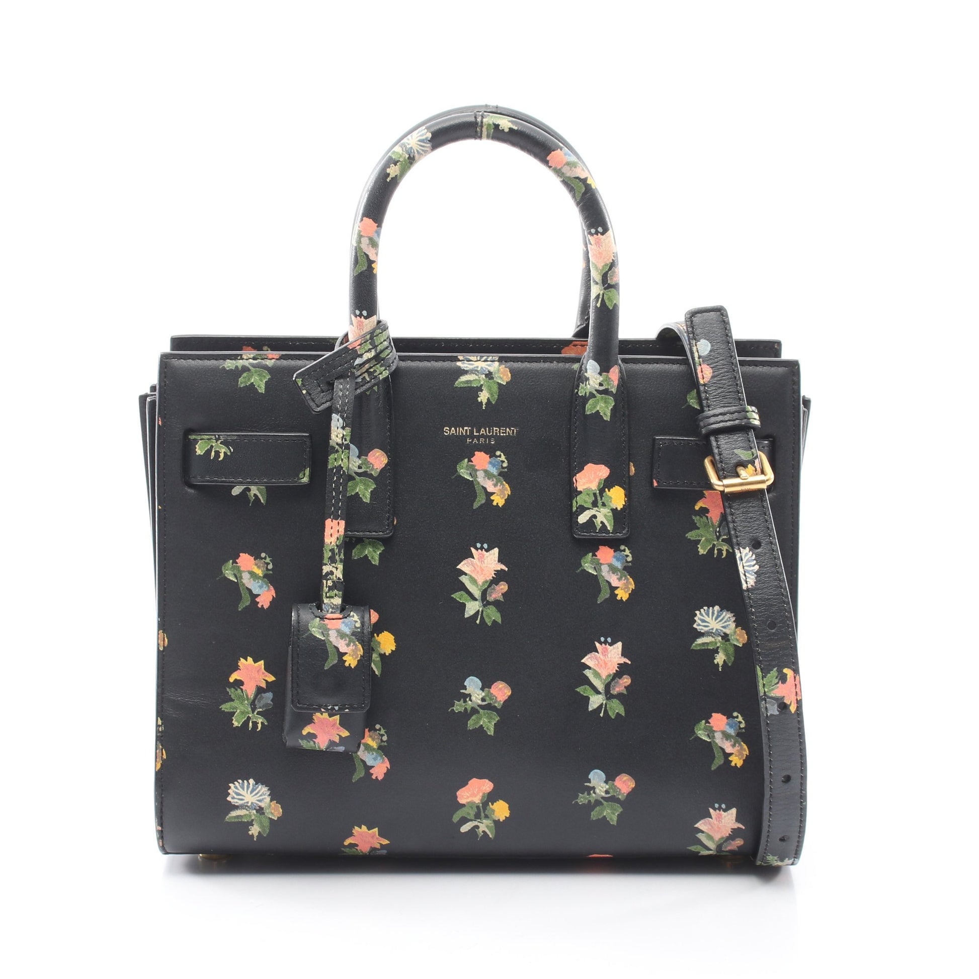 サック ド ジュール ナノ フラワープリント 2WAY ハンドバッグ レザー ブラック マルチカラー サンローランパリ バッグ SAINT LAURENT PARIS