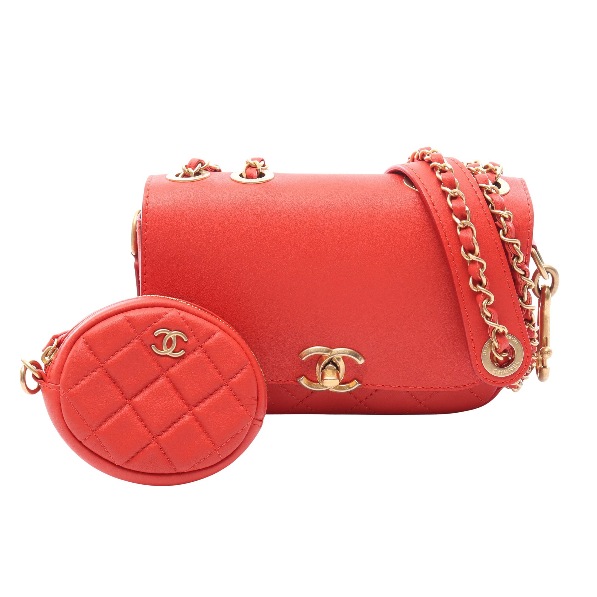 マトラッセ チェーンショルダーバッグ ラムスキン オレンジレッド ゴールド金具 シャネル バッグ CHANEL